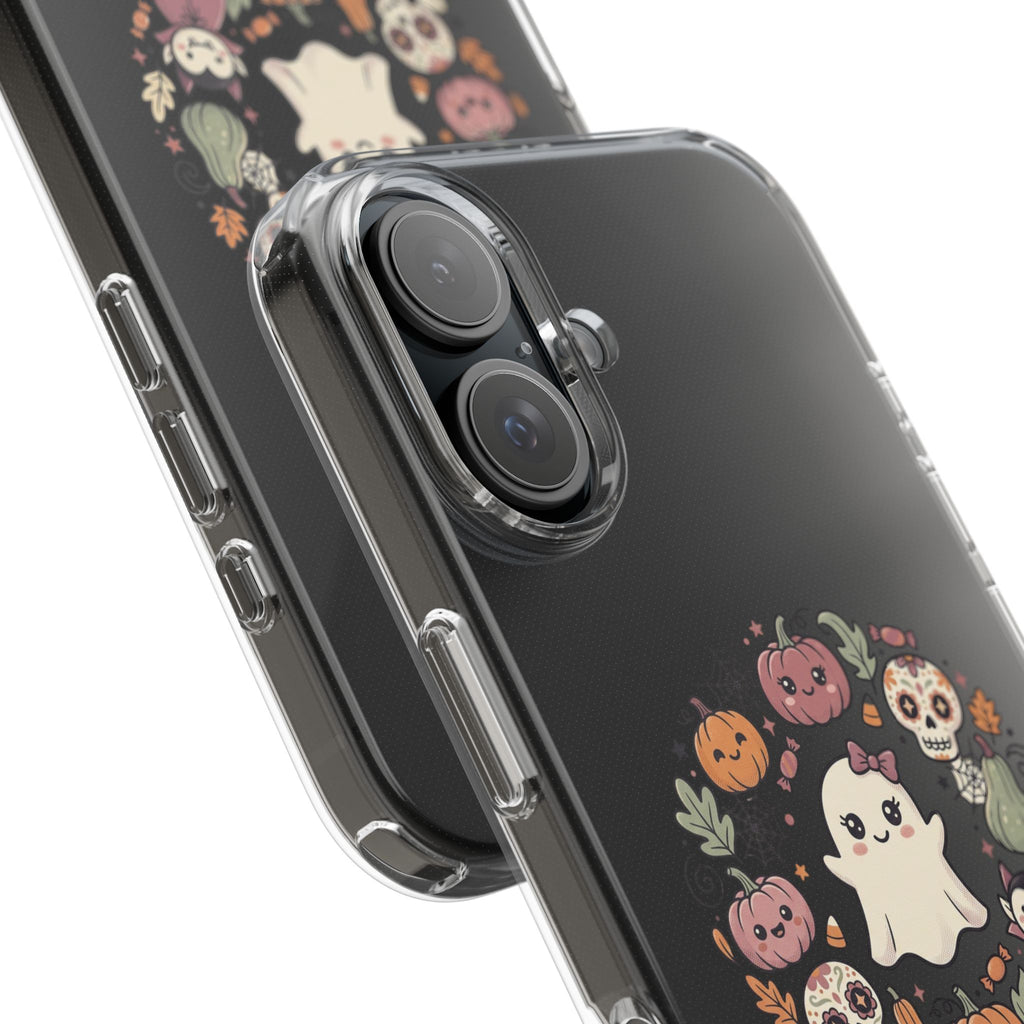 Halloween Ghost Wreath Clear Phone Case — Cute Pumpkin & Skull iPhone Cover