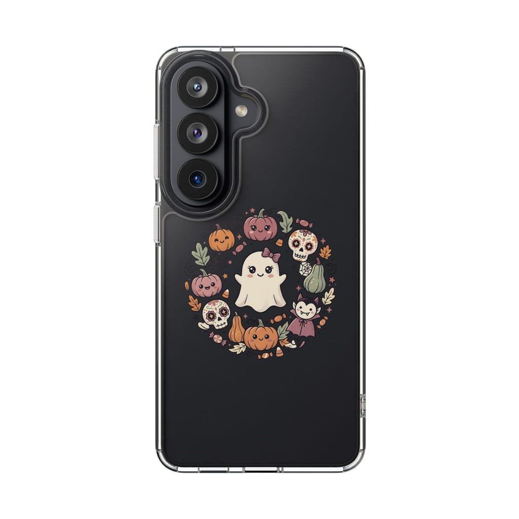 Halloween Ghost Wreath Clear Phone Case — Cute Pumpkin & Skull iPhone Cover