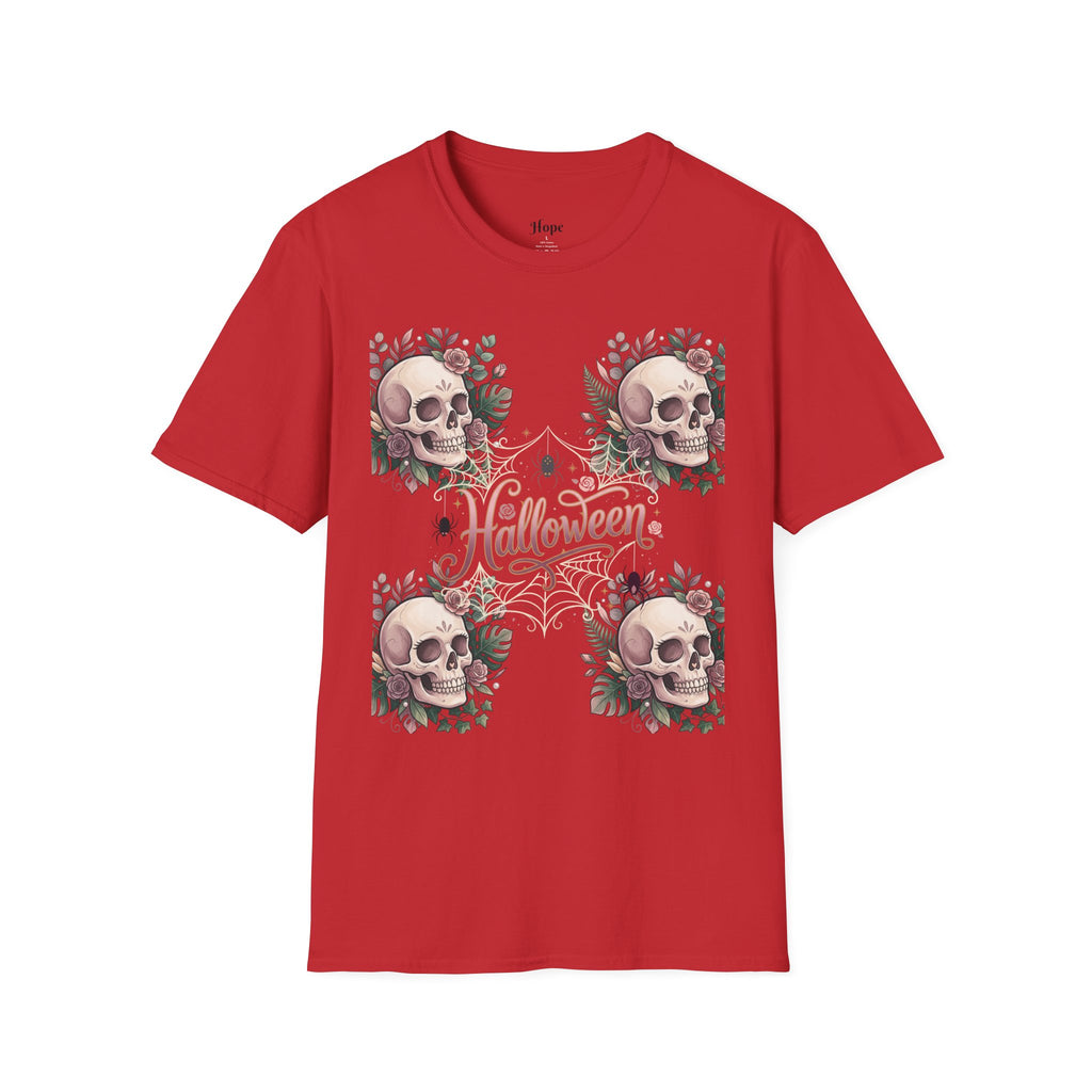Halloween Skull Floral T-Shirt — Retro Script "Halloween" Tee
