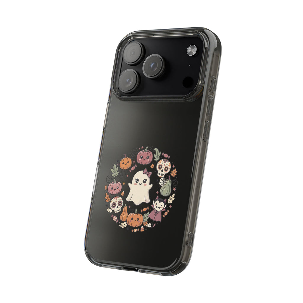 Halloween Ghost Wreath Clear Phone Case — Cute Pumpkin & Skull iPhone Cover