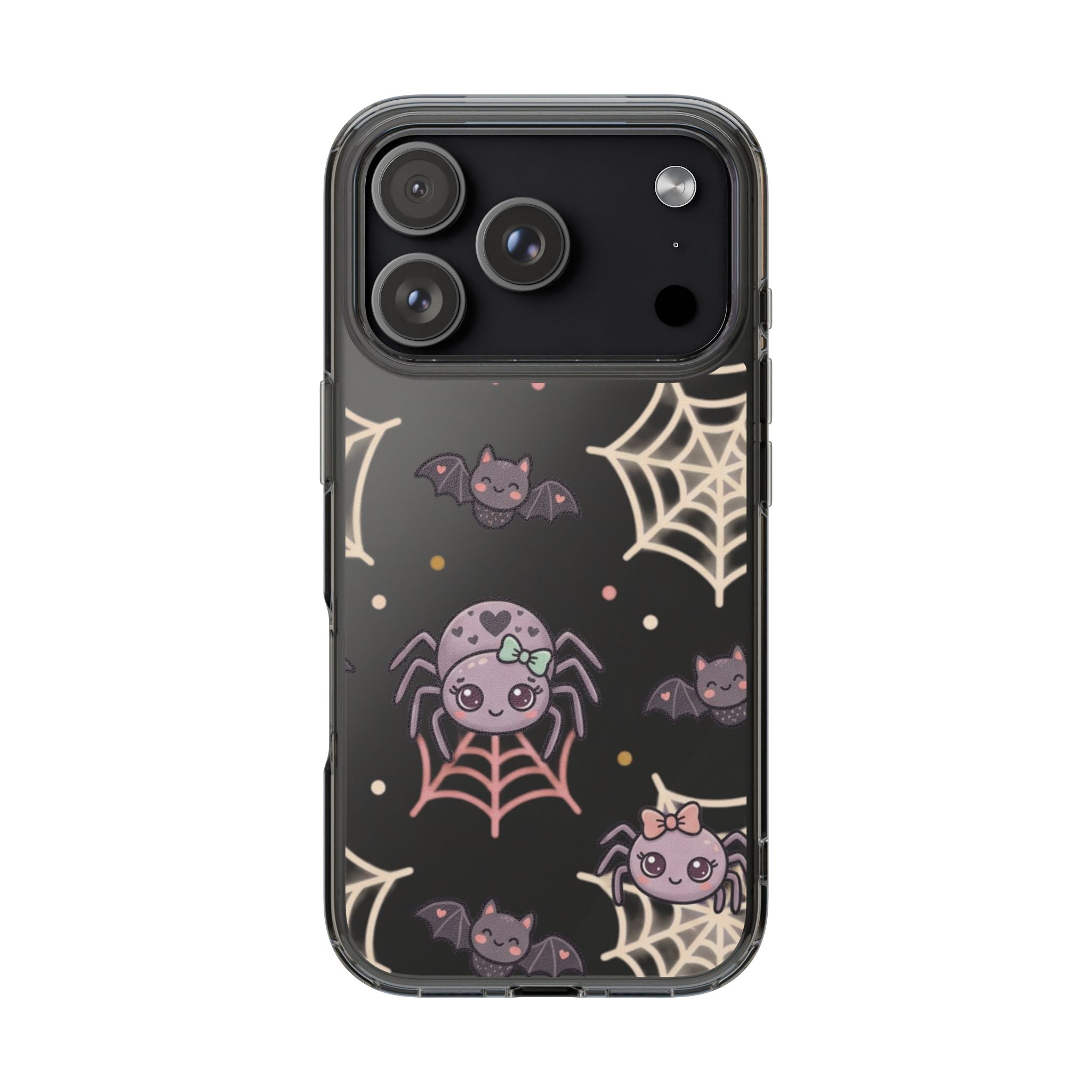 Cute Halloween Spider Clear Impact Phone Case — Kawaii Spider & Bat Halloween Design