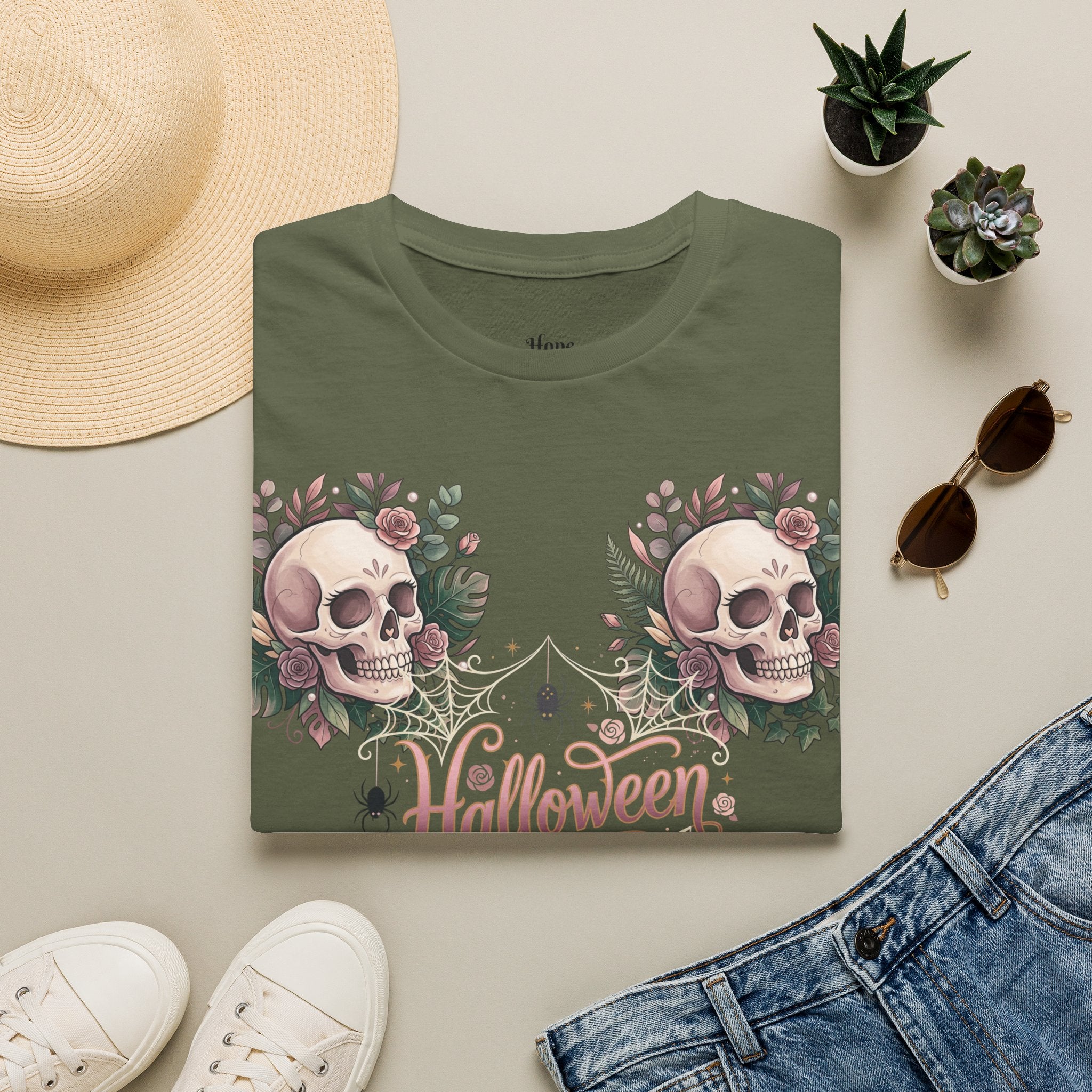 Halloween Skull Floral T-Shirt — Retro Script "Halloween" Tee