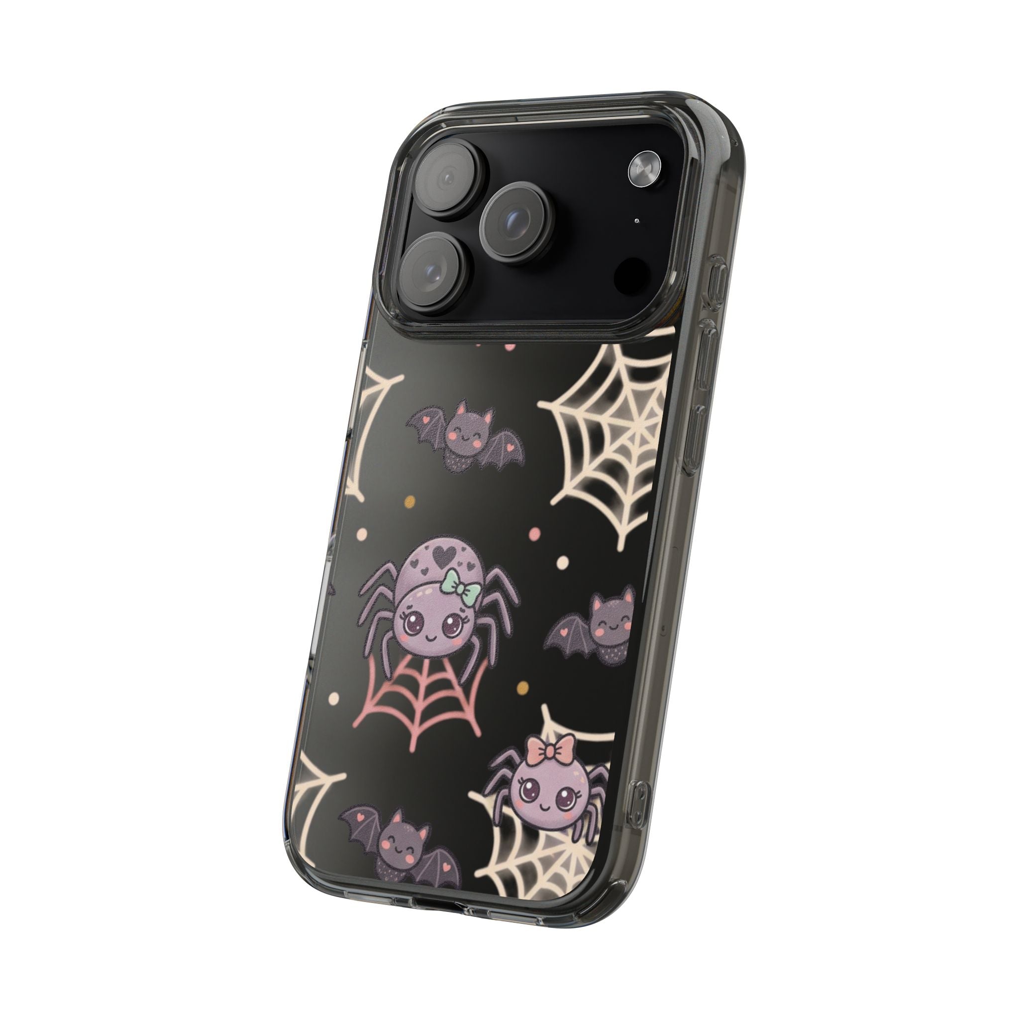 Cute Halloween Spider Clear Impact Phone Case — Kawaii Spider & Bat Halloween Design