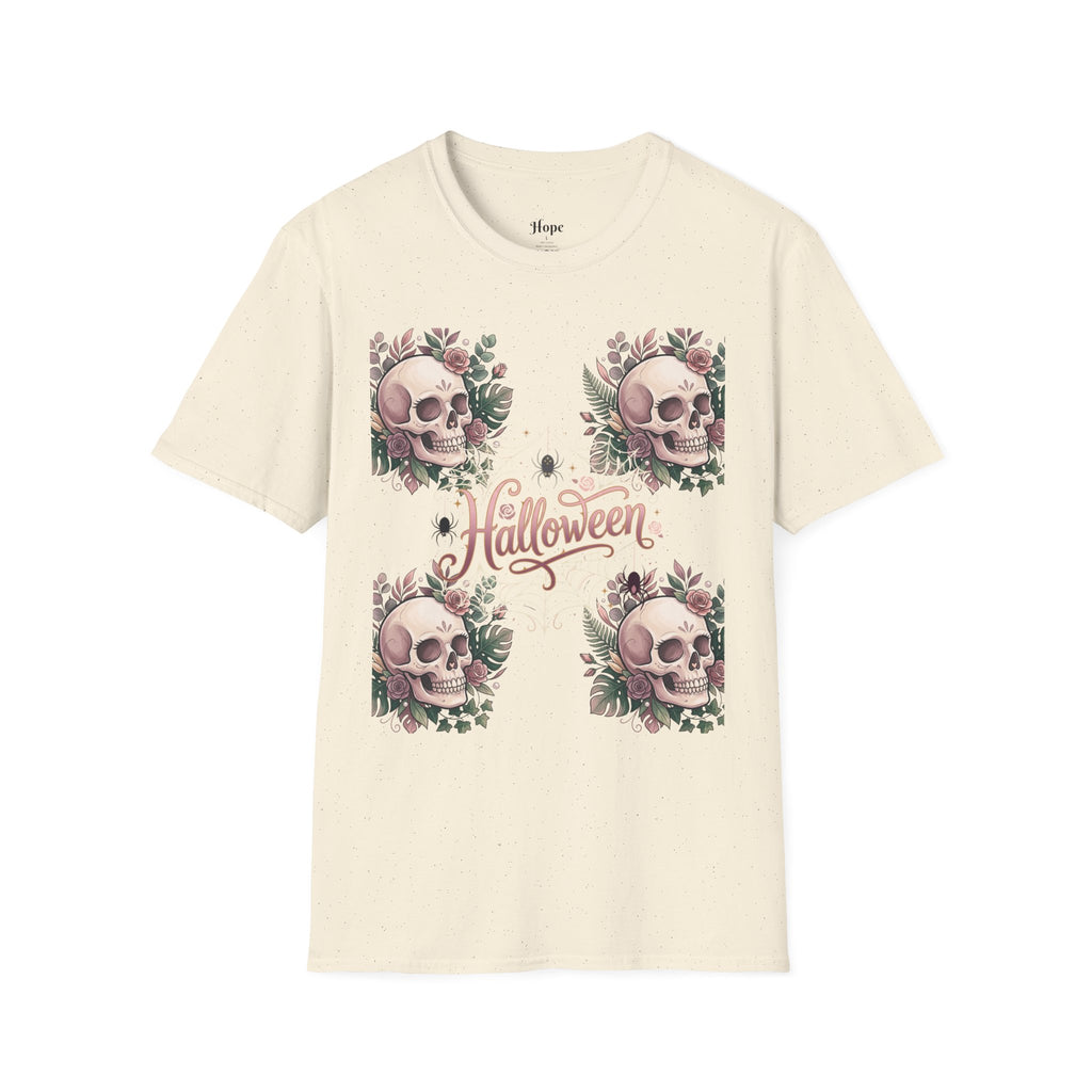 Halloween Skull Floral T-Shirt — Retro Script "Halloween" Tee