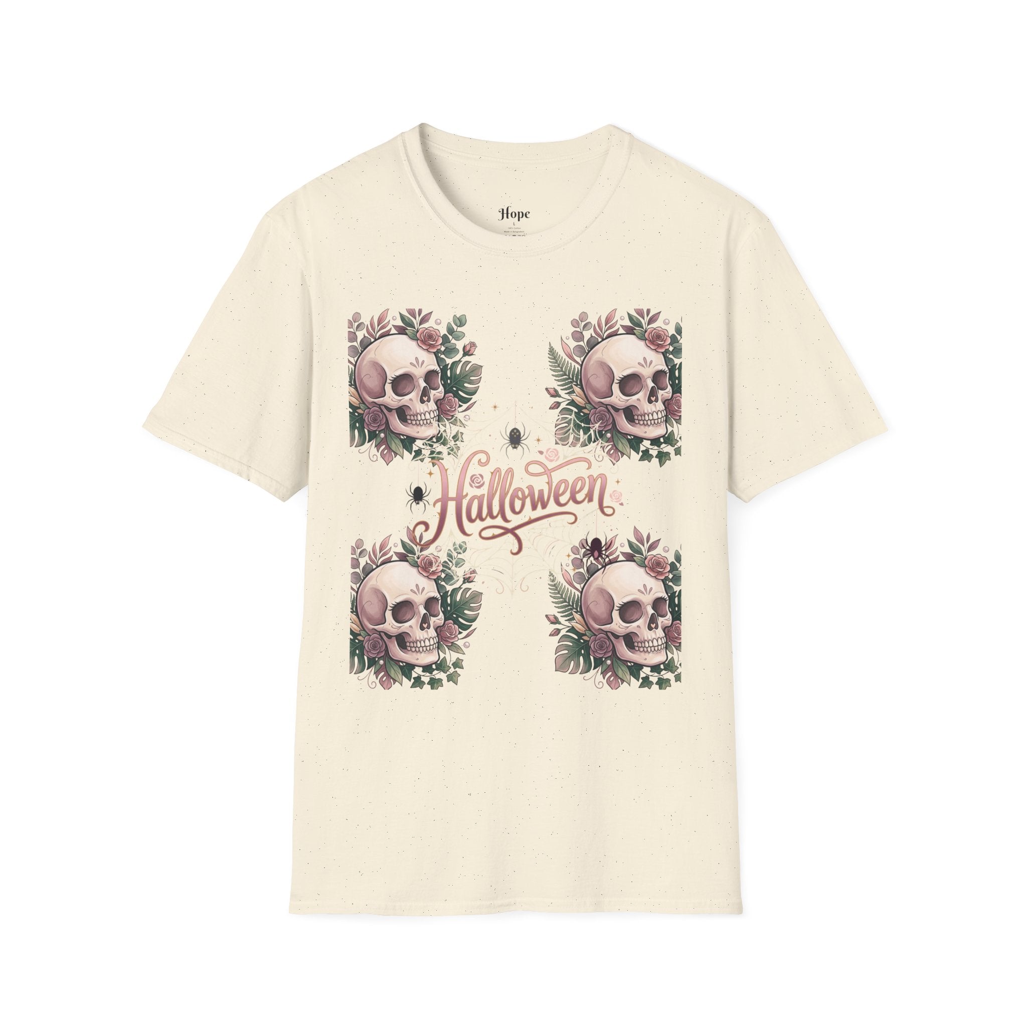 Halloween Skull Floral T-Shirt — Retro Script "Halloween" Tee
