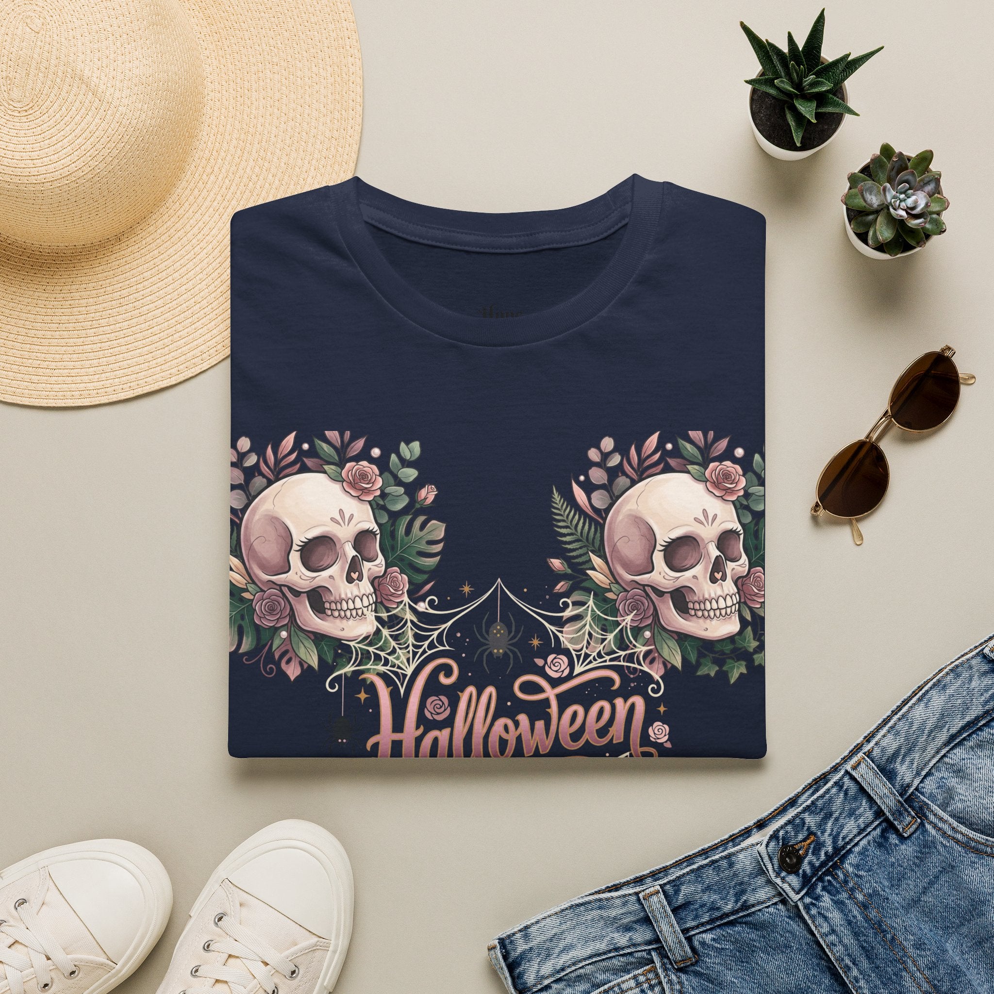 Halloween Skull Floral T-Shirt — Retro Script "Halloween" Tee