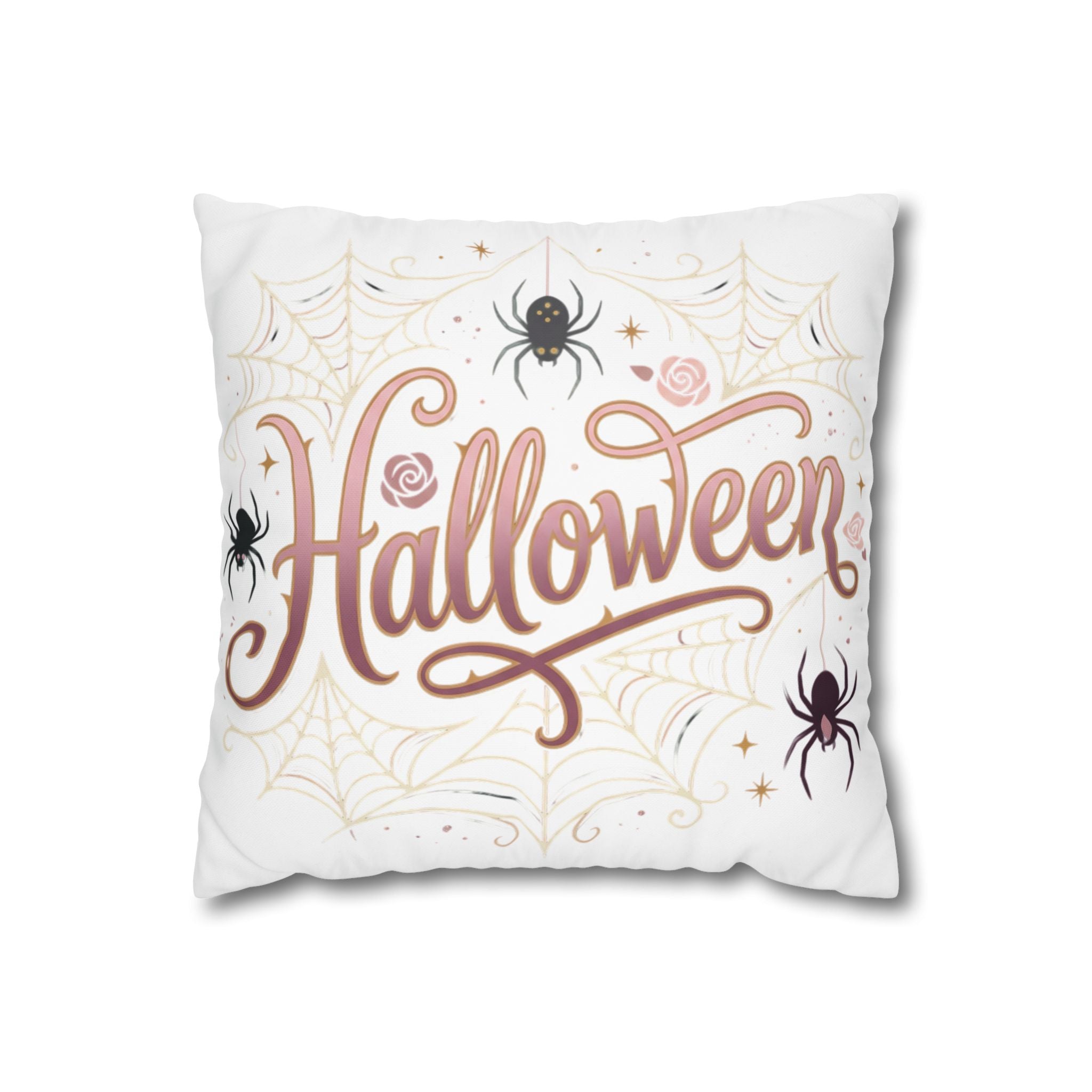 Halloween Decorative Pillowcase — Pink Script "Halloween" with Spiders & Webs