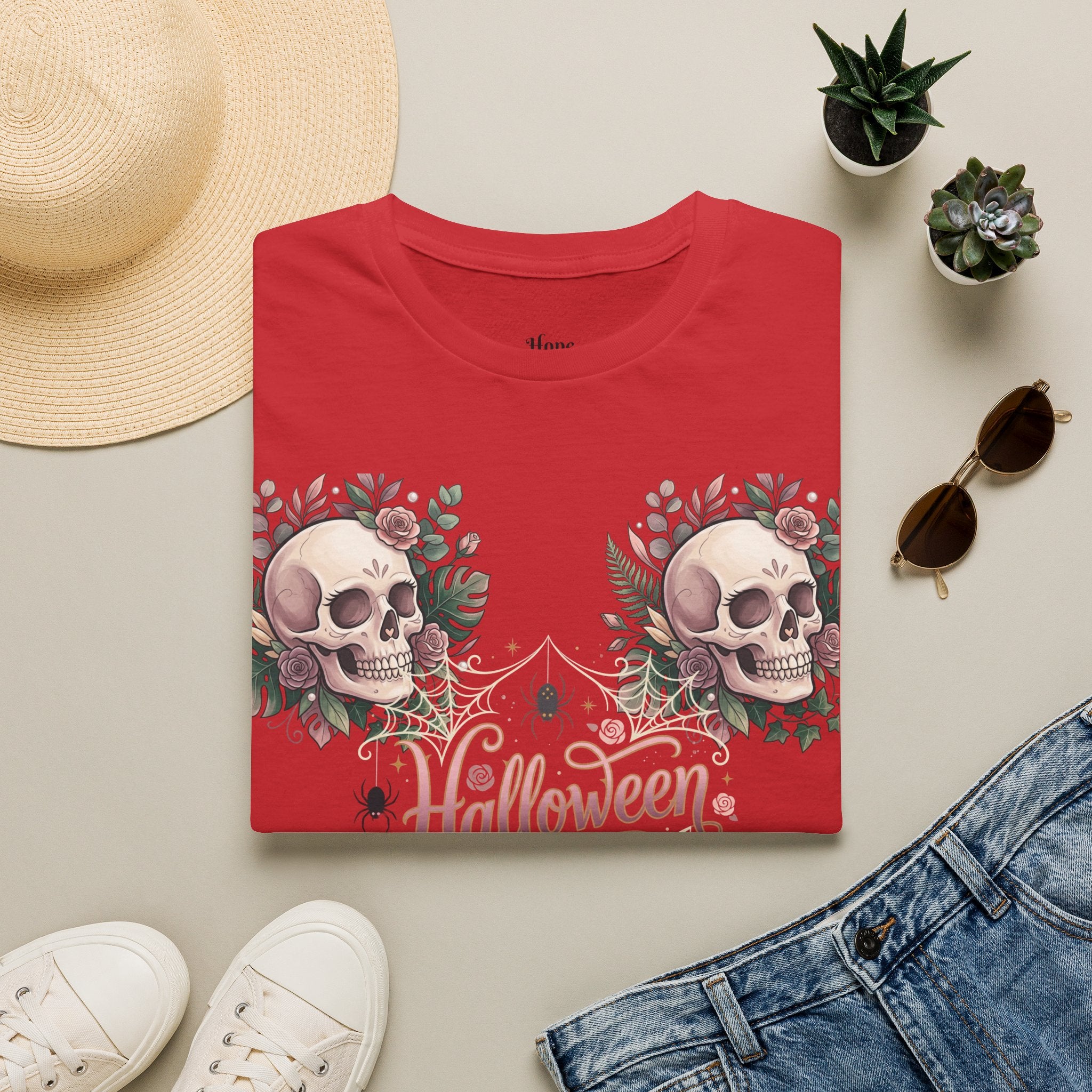 Halloween Skull Floral T-Shirt — Retro Script "Halloween" Tee
