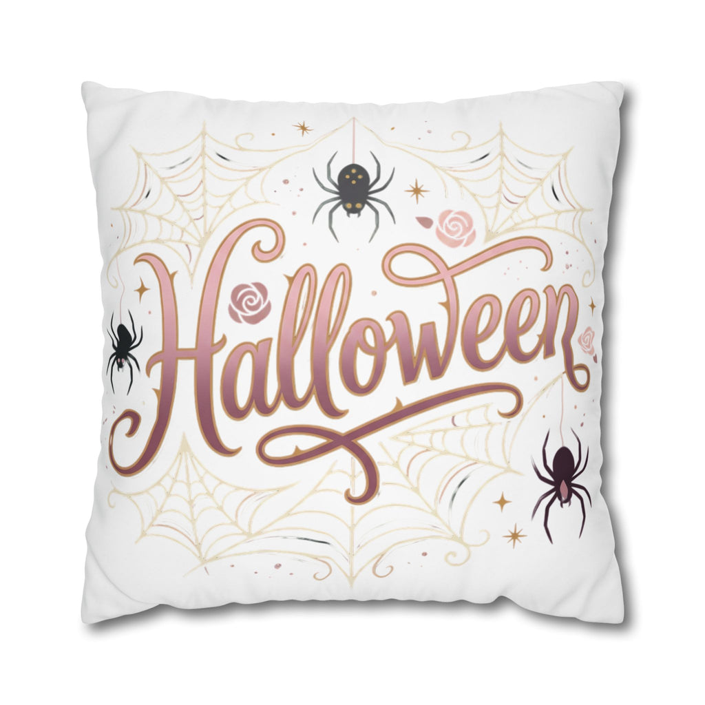 Halloween Decorative Pillowcase — Pink Script "Halloween" with Spiders & Webs