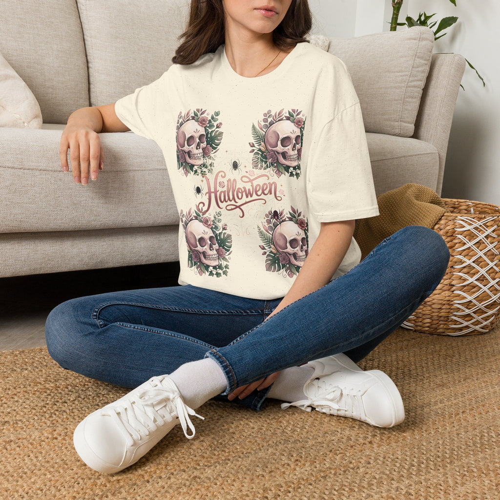 Halloween Skull Floral T-Shirt — Retro Script "Halloween" Tee