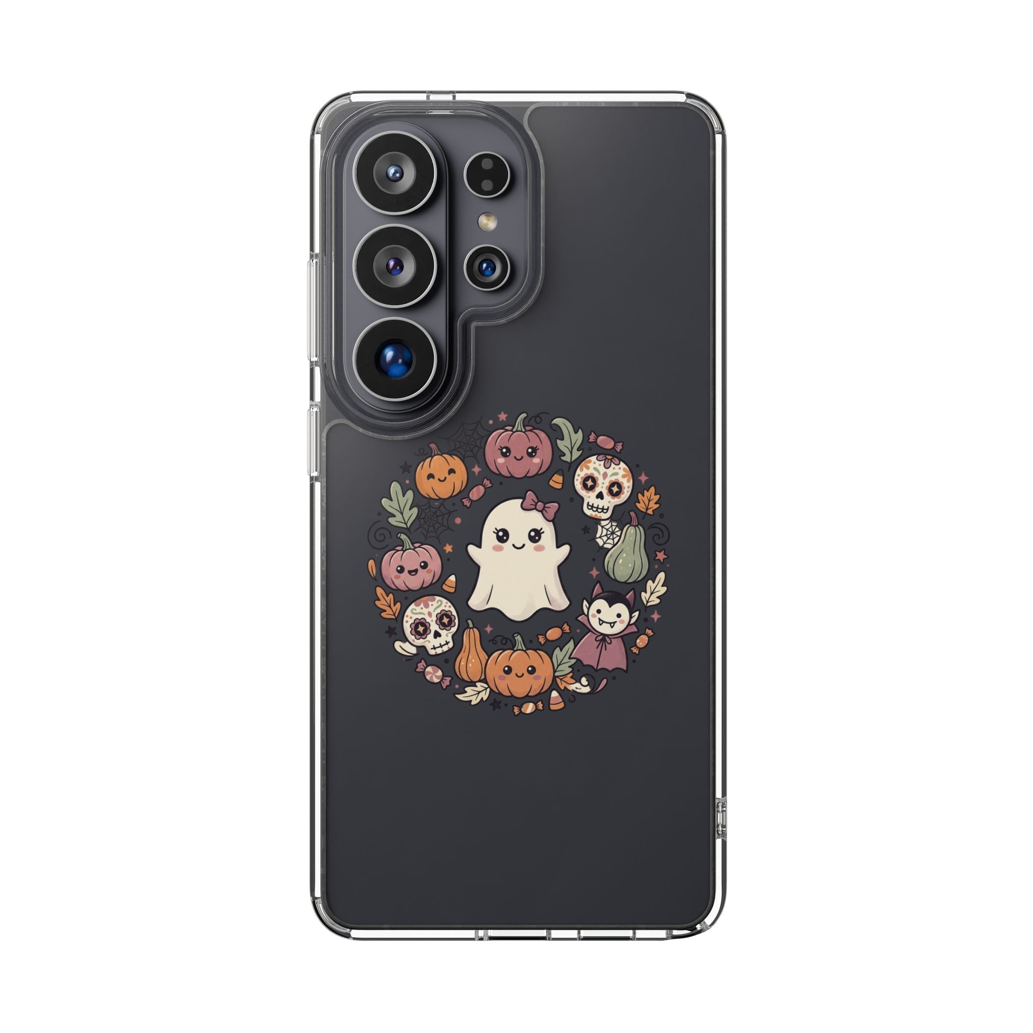 Halloween Ghost Wreath Clear Phone Case — Cute Pumpkin & Skull iPhone Cover