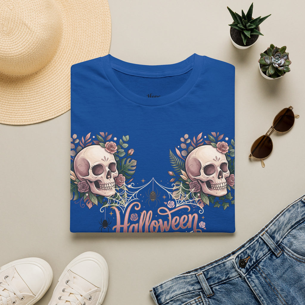 Halloween Skull Floral T-Shirt — Retro Script "Halloween" Tee