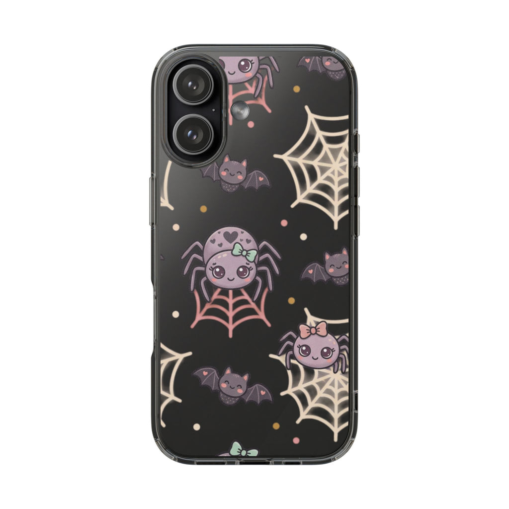 Cute Halloween Spider Clear Impact Phone Case — Kawaii Spider & Bat Halloween Design