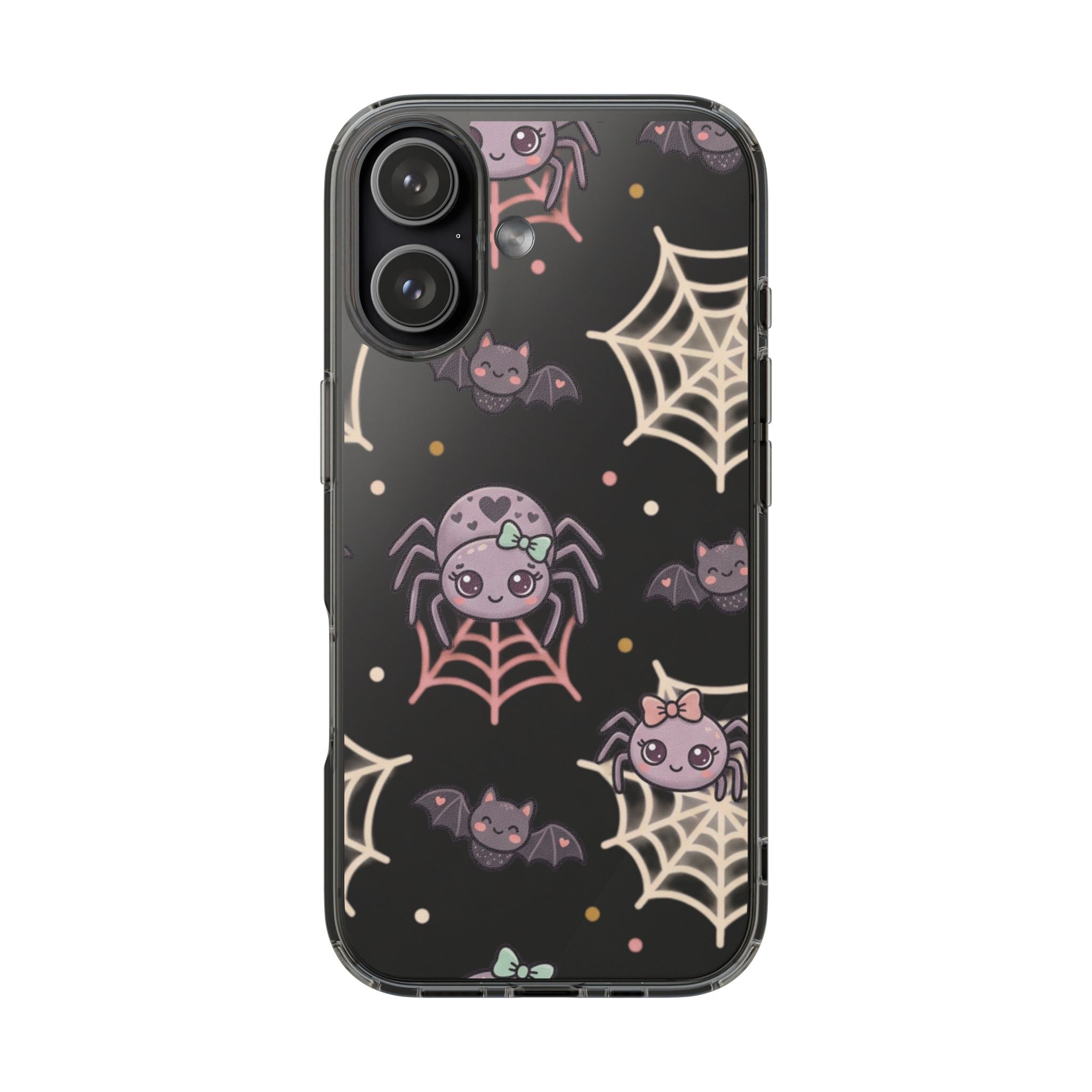 Cute Halloween Spider Clear Impact Phone Case — Kawaii Spider & Bat Halloween Design