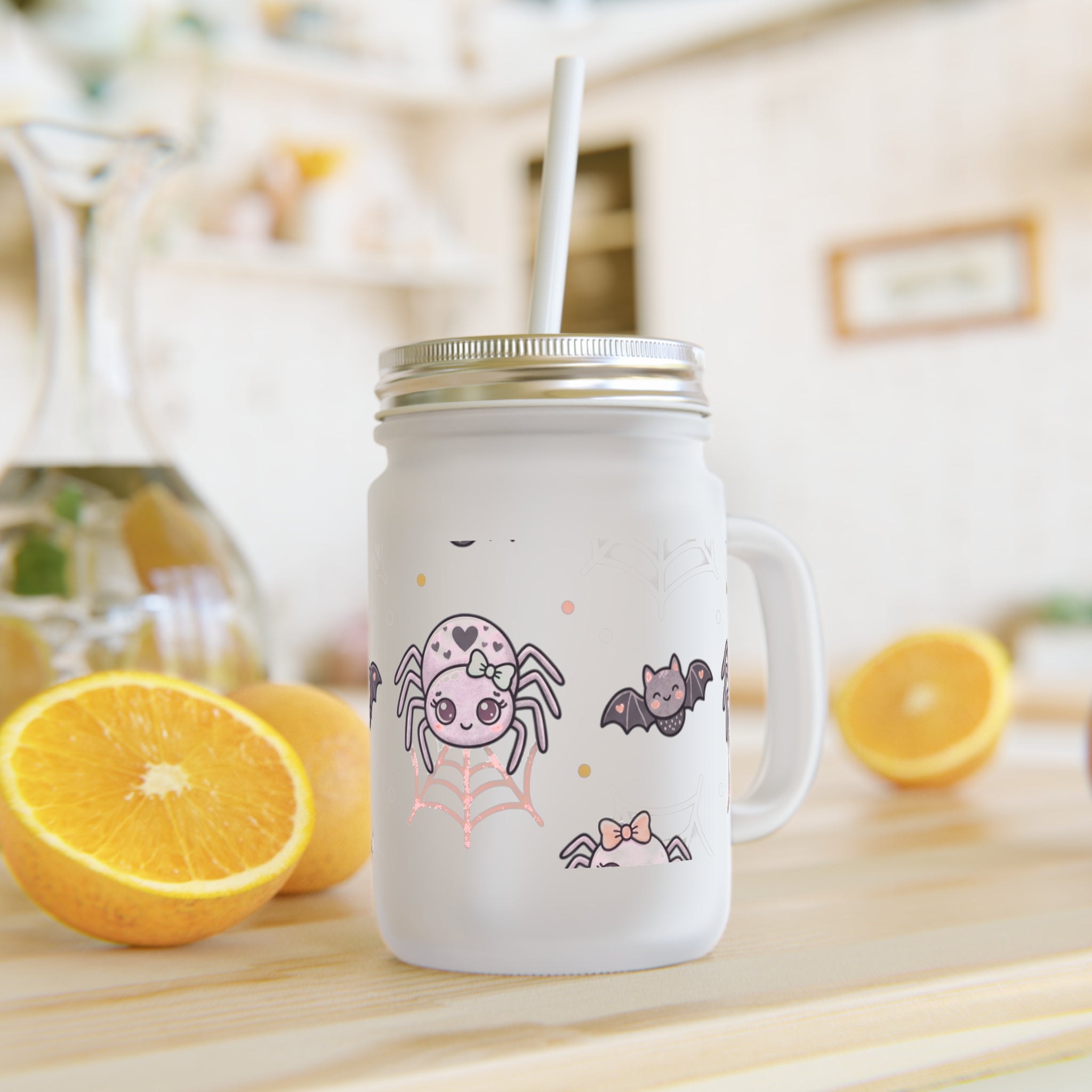 Cute Halloween Mason Jar Tumbler — Spider & Bat Candy Design with Straw
