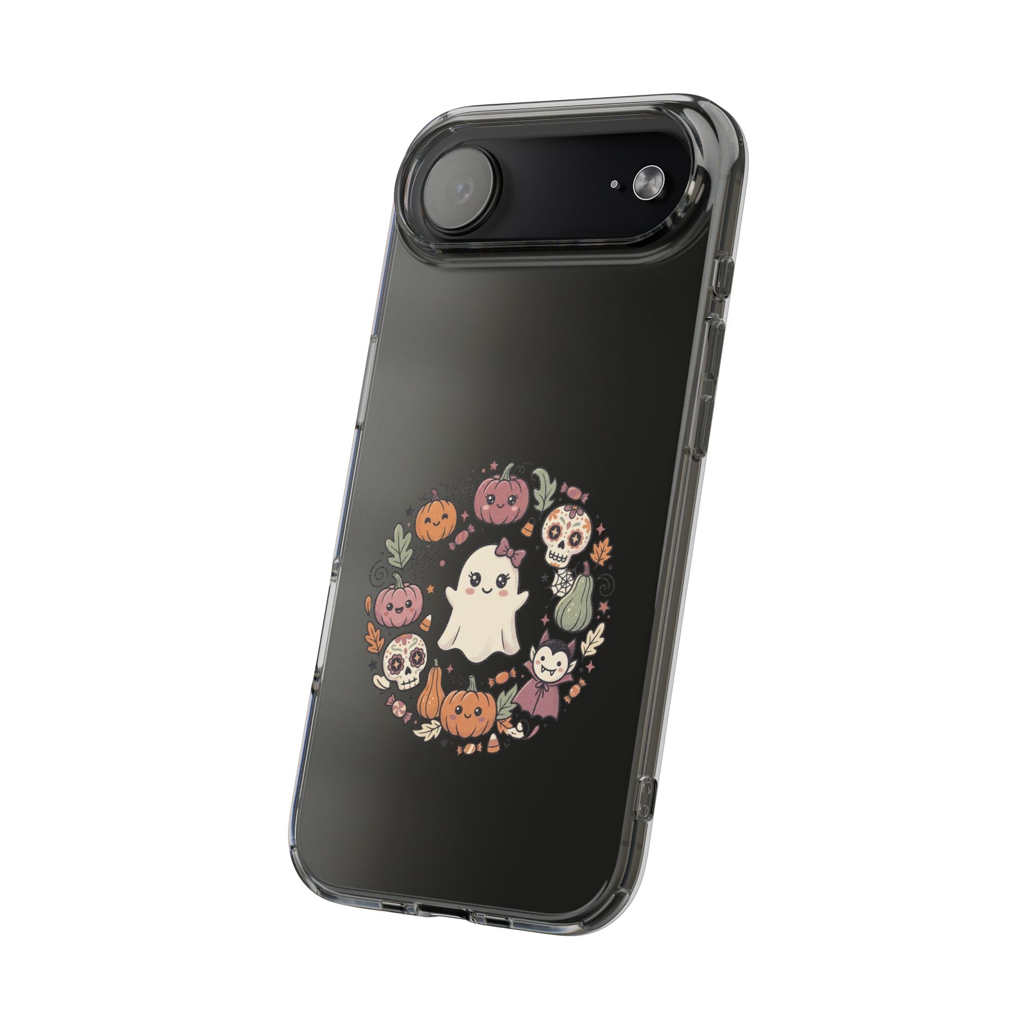 Halloween Ghost Wreath Clear Phone Case — Cute Pumpkin & Skull iPhone Cover