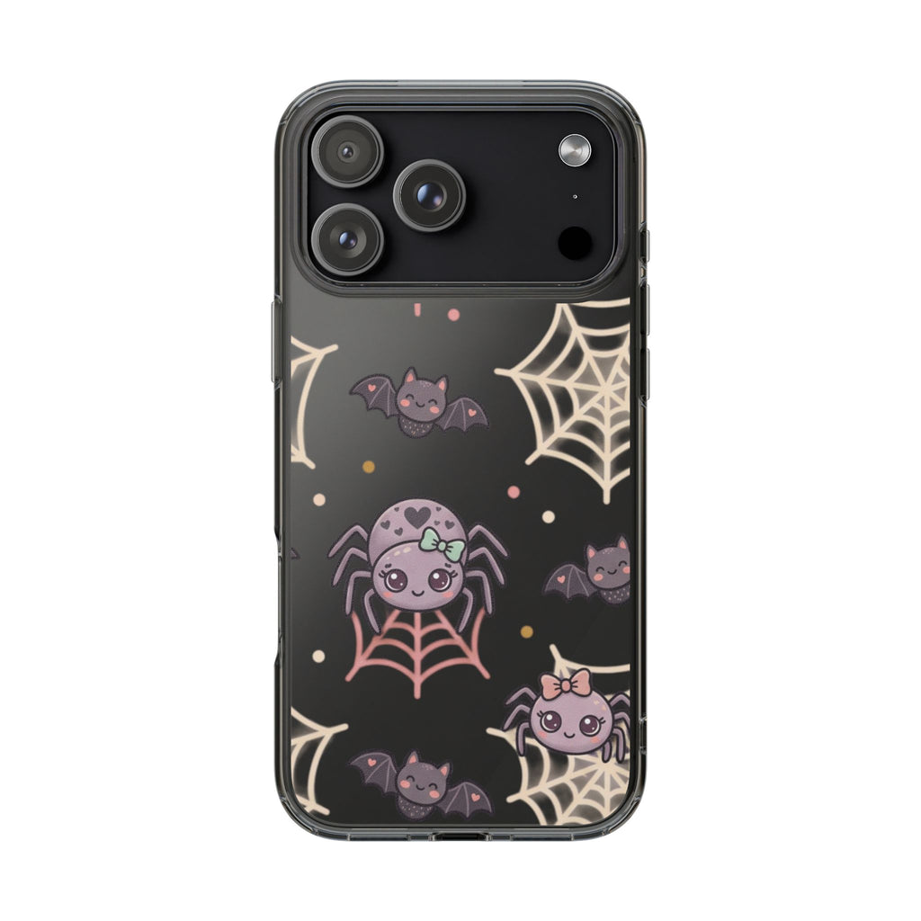 Cute Halloween Spider Clear Impact Phone Case — Kawaii Spider & Bat Halloween Design
