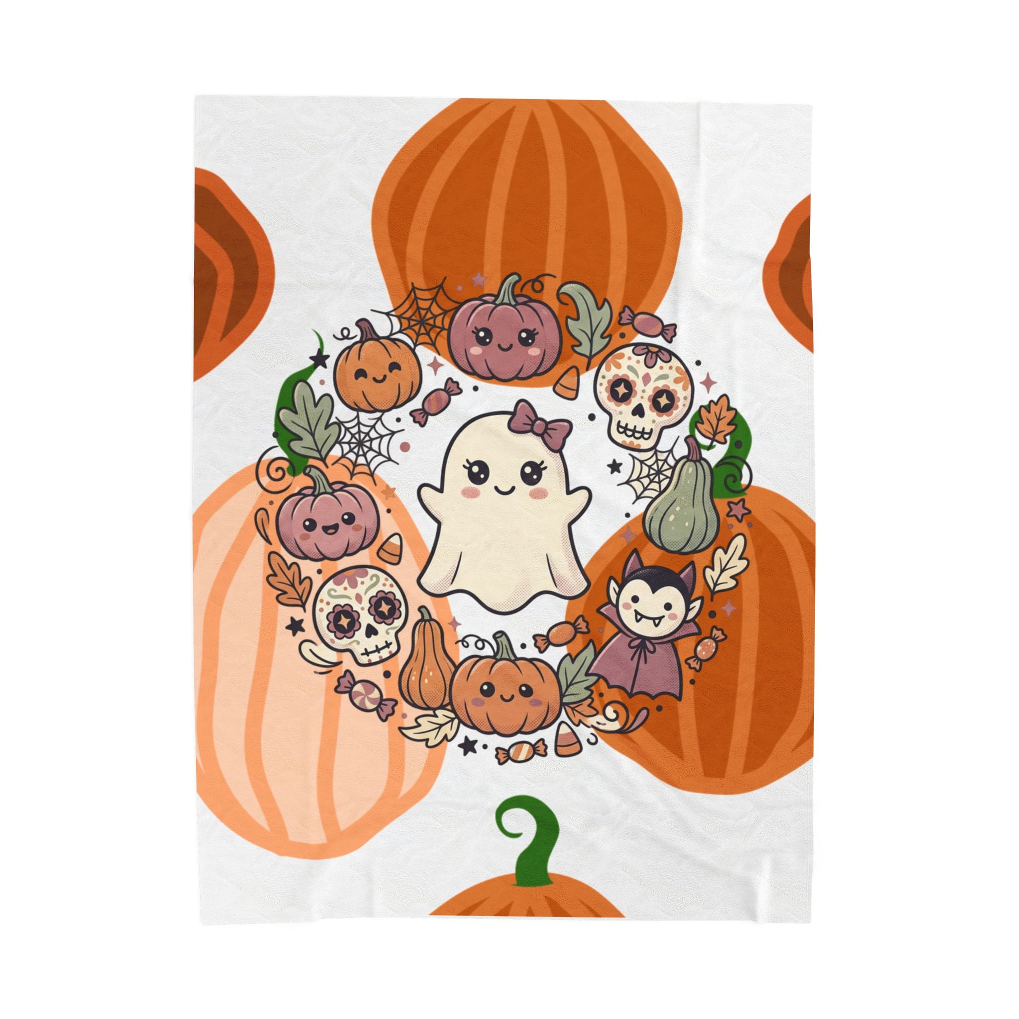 Halloween Ghost Plush Blanket — Cute Pumpkin & Sugar Skull Fall Throw