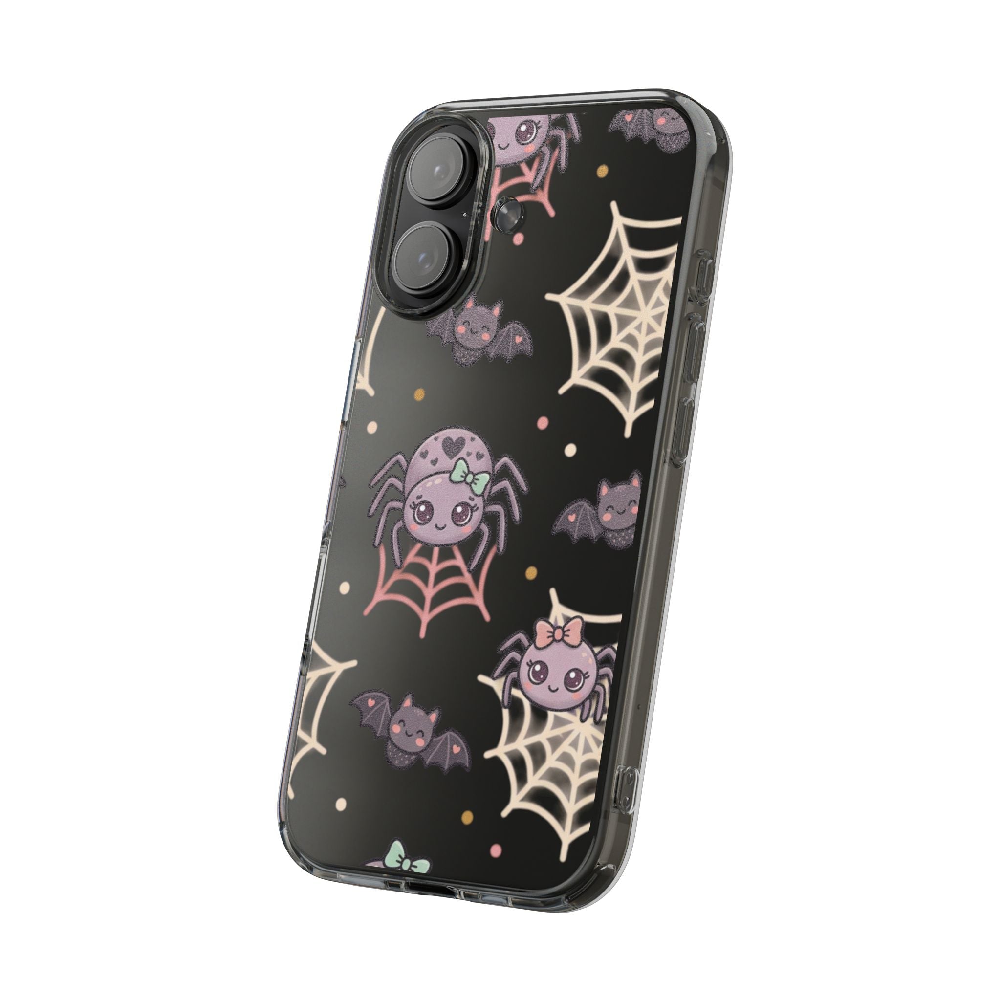 Cute Halloween Spider Clear Impact Phone Case — Kawaii Spider & Bat Halloween Design
