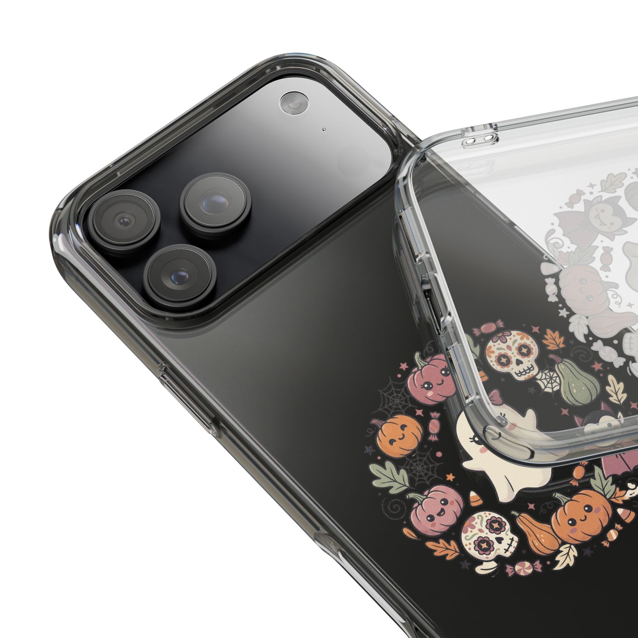 Halloween Ghost Wreath Clear Phone Case — Cute Pumpkin & Skull iPhone Cover