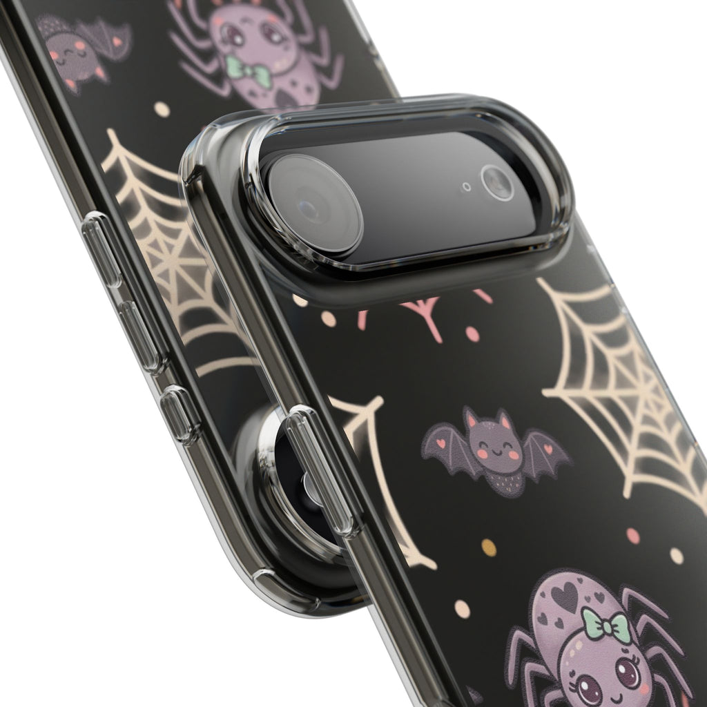 Cute Halloween Spider Clear Impact Phone Case — Kawaii Spider & Bat Halloween Design