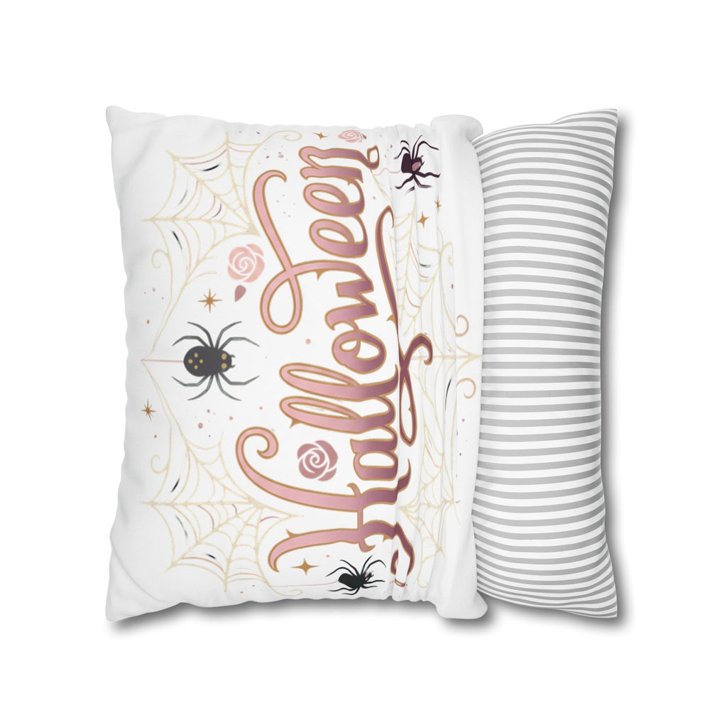 Halloween Decorative Pillowcase — Pink Script "Halloween" with Spiders & Webs