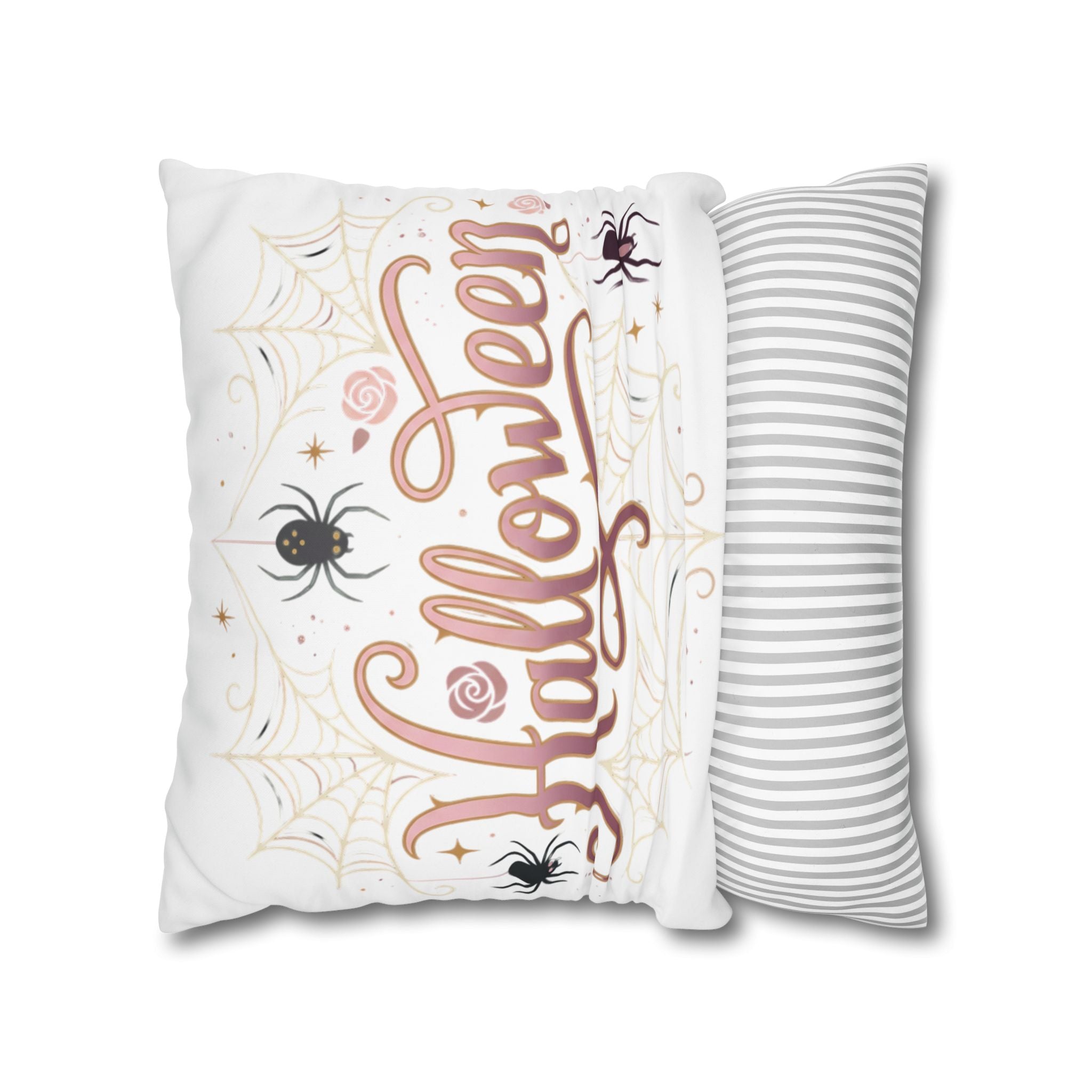 Halloween Decorative Pillowcase — Pink Script "Halloween" with Spiders & Webs