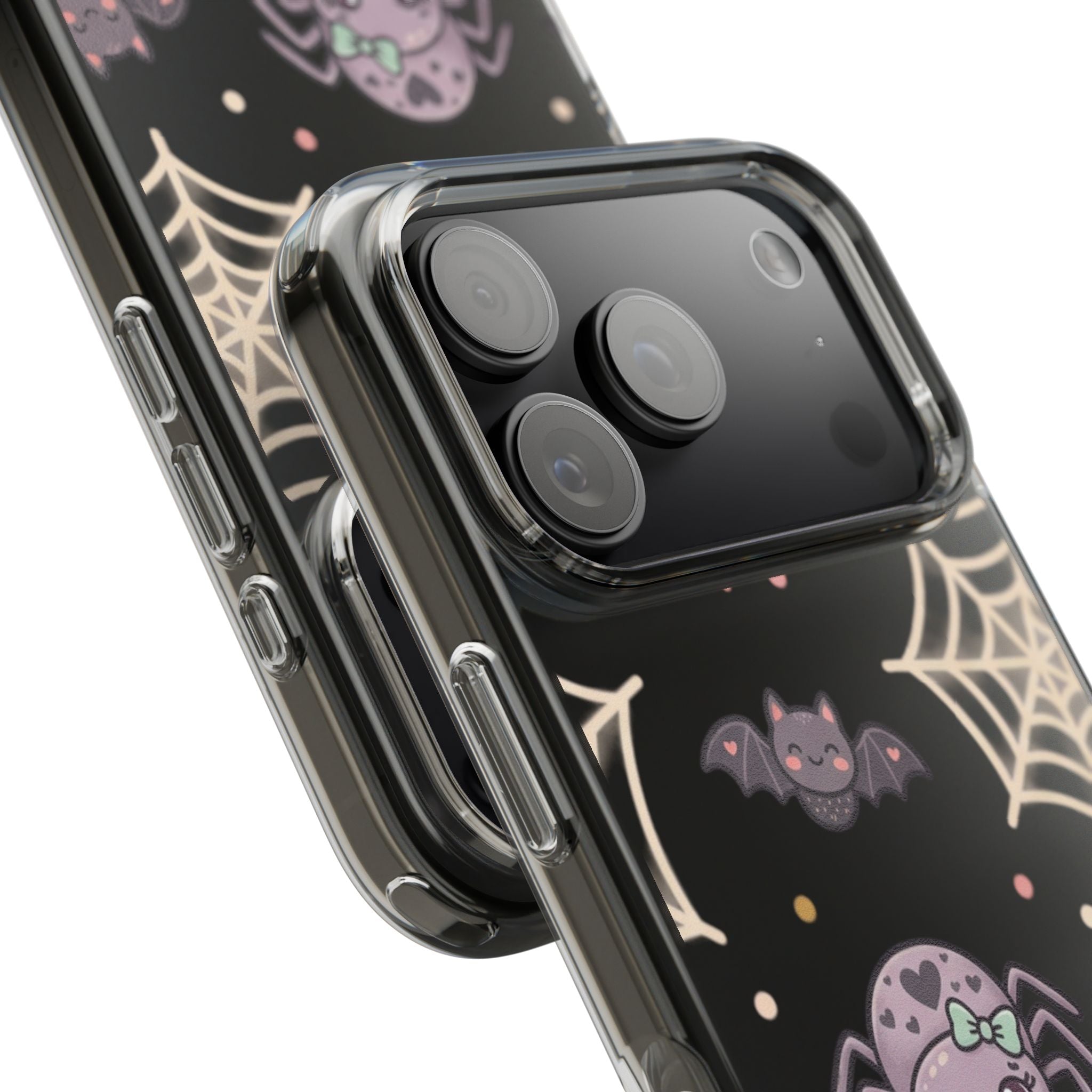 Cute Halloween Spider Clear Impact Phone Case — Kawaii Spider & Bat Halloween Design