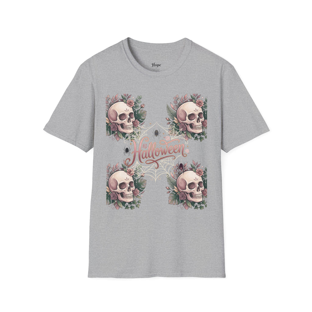 Halloween Skull Floral T-Shirt — Retro Script "Halloween" Tee