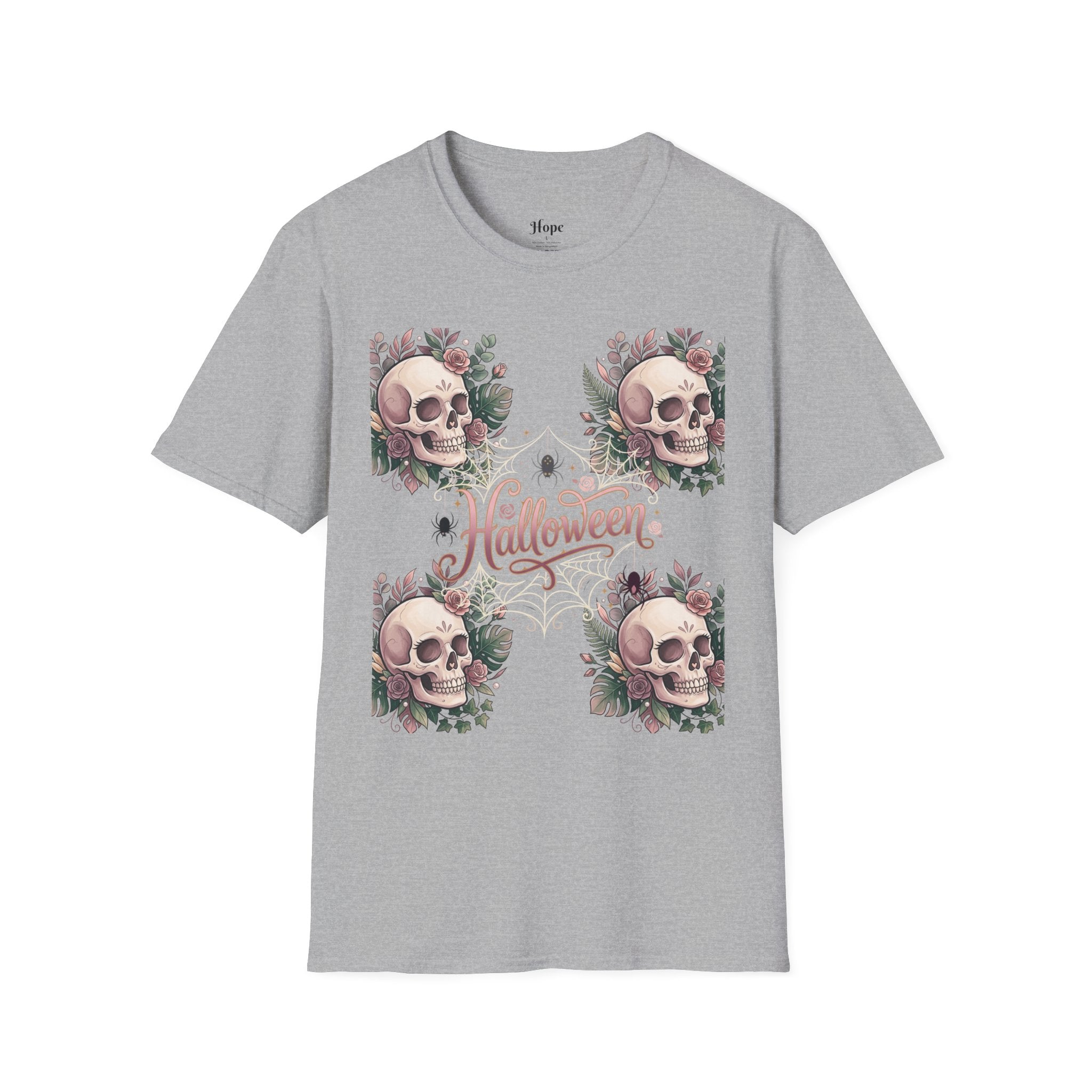 Halloween Skull Floral T-Shirt — Retro Script "Halloween" Tee