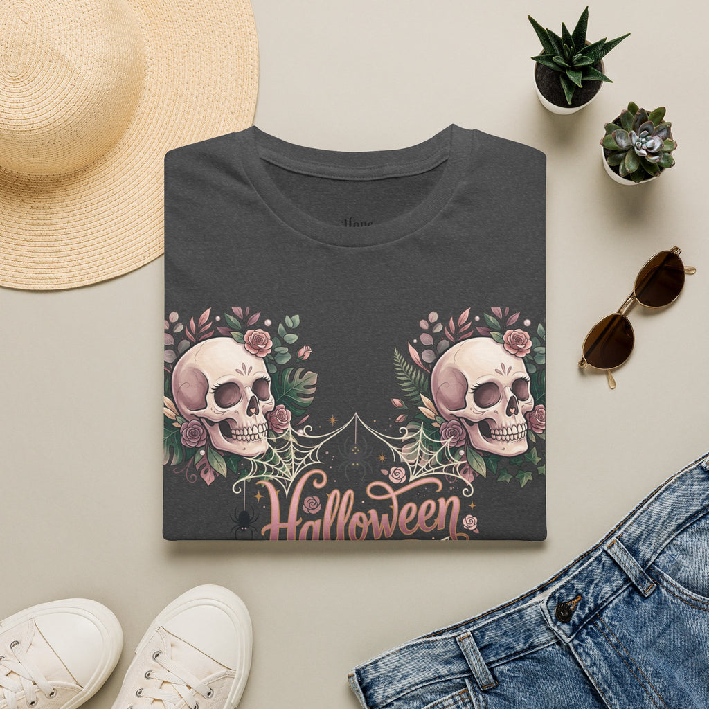 Halloween Skull Floral T-Shirt — Retro Script "Halloween" Tee