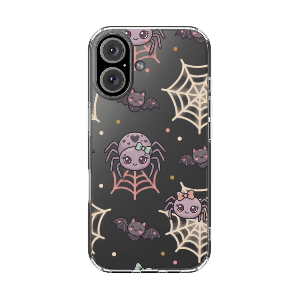Cute Halloween Spider Clear Impact Phone Case — Kawaii Spider & Bat Halloween Design