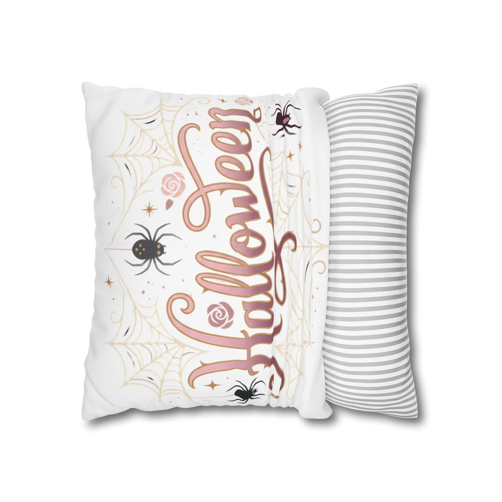 Halloween Decorative Pillowcase — Pink Script "Halloween" with Spiders & Webs