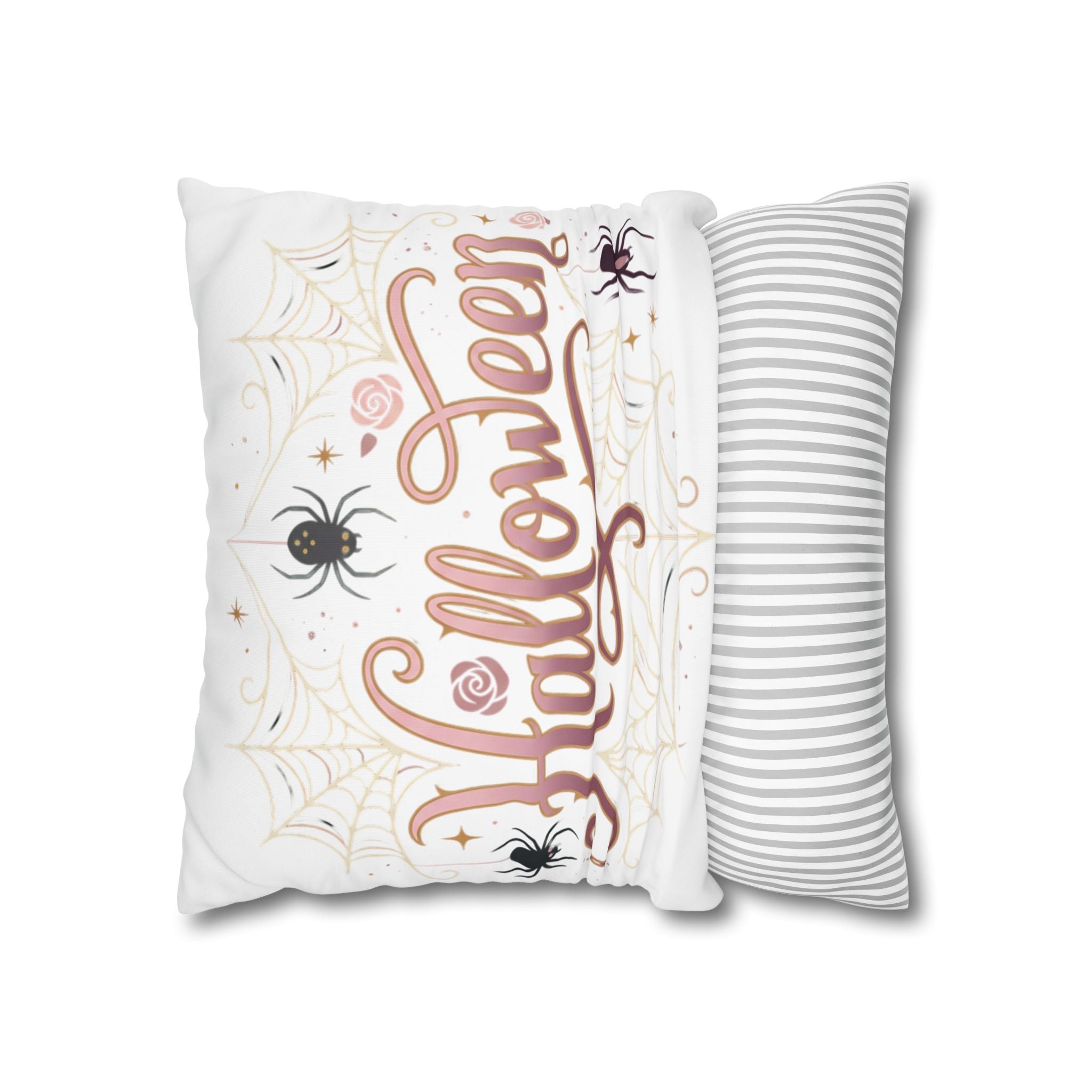Halloween Decorative Pillowcase — Pink Script "Halloween" with Spiders & Webs