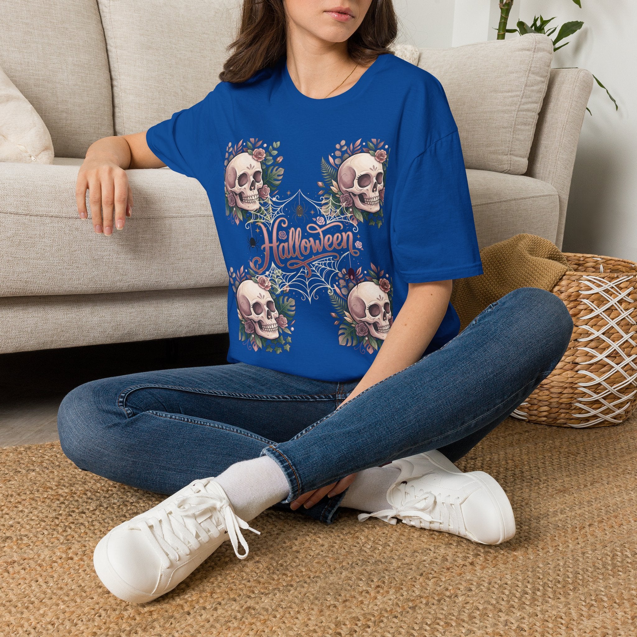 Halloween Skull Floral T-Shirt — Retro Script "Halloween" Tee