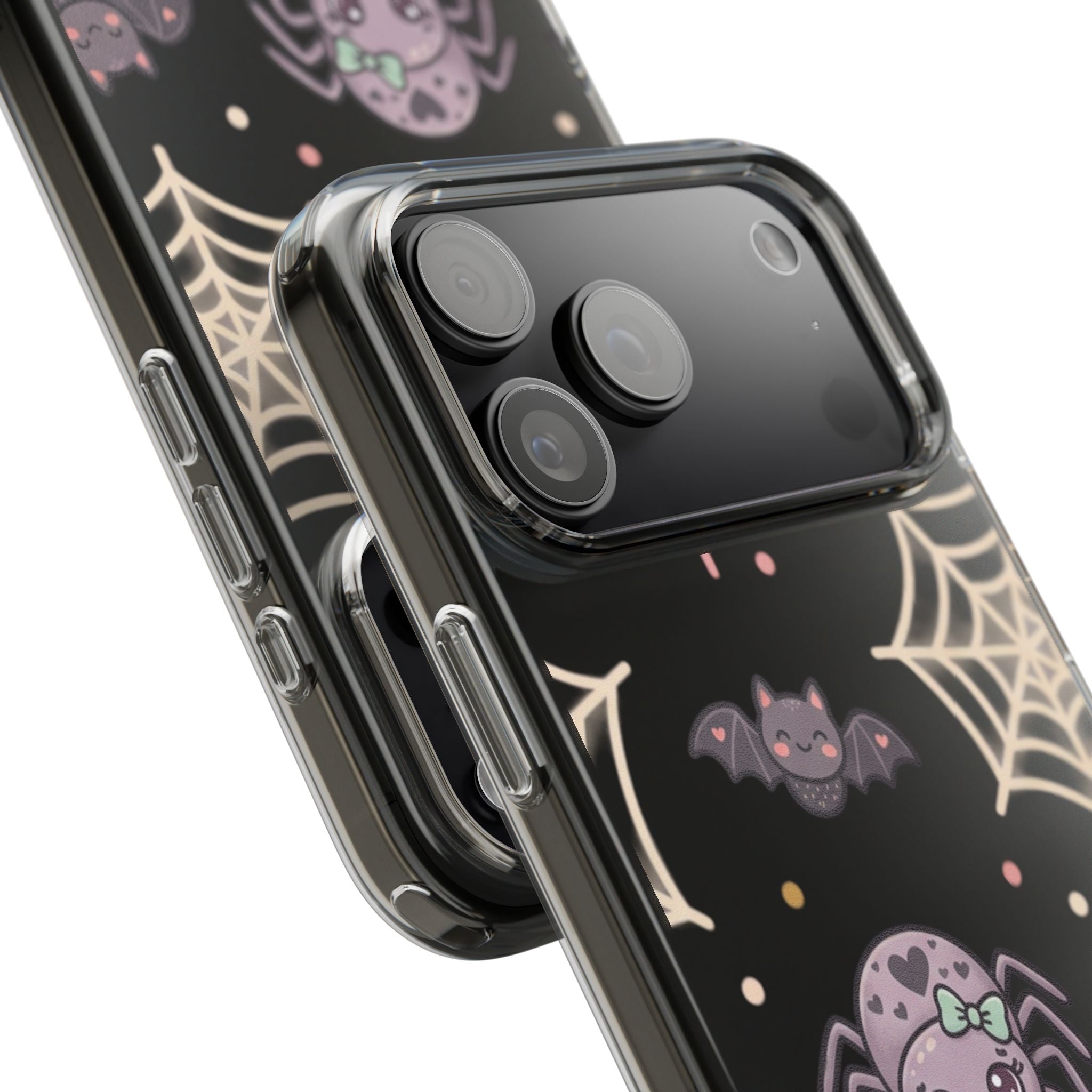 Cute Halloween Spider Clear Impact Phone Case — Kawaii Spider & Bat Halloween Design