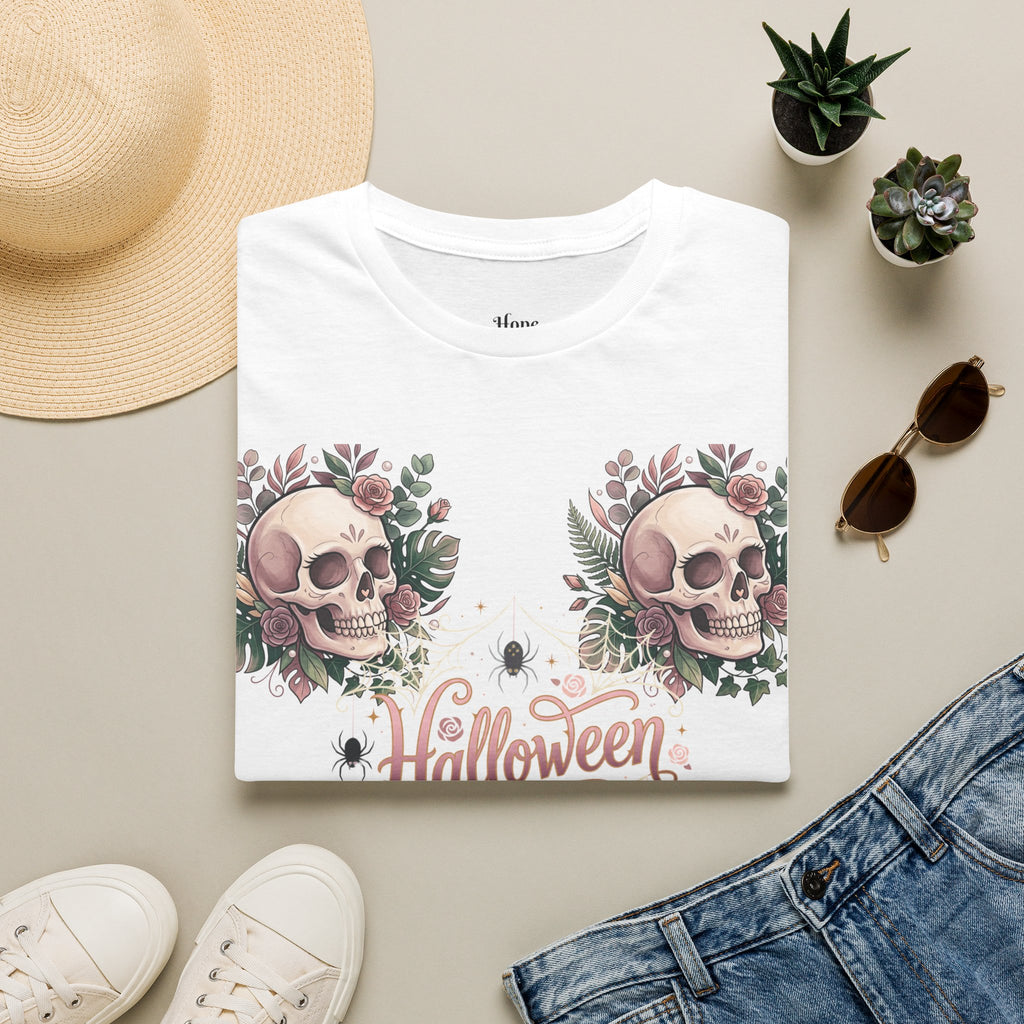 Halloween Skull Floral T-Shirt — Retro Script "Halloween" Tee