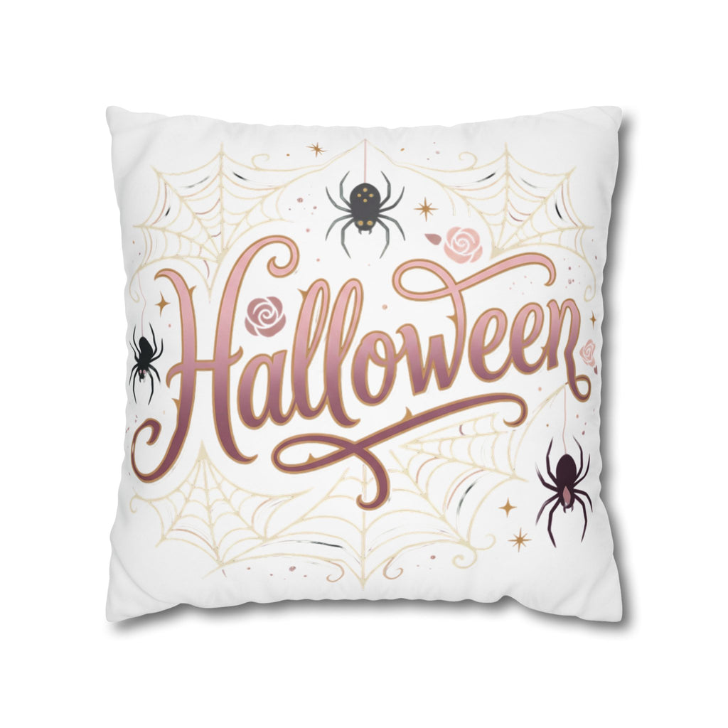 Halloween Decorative Pillowcase — Pink Script "Halloween" with Spiders & Webs