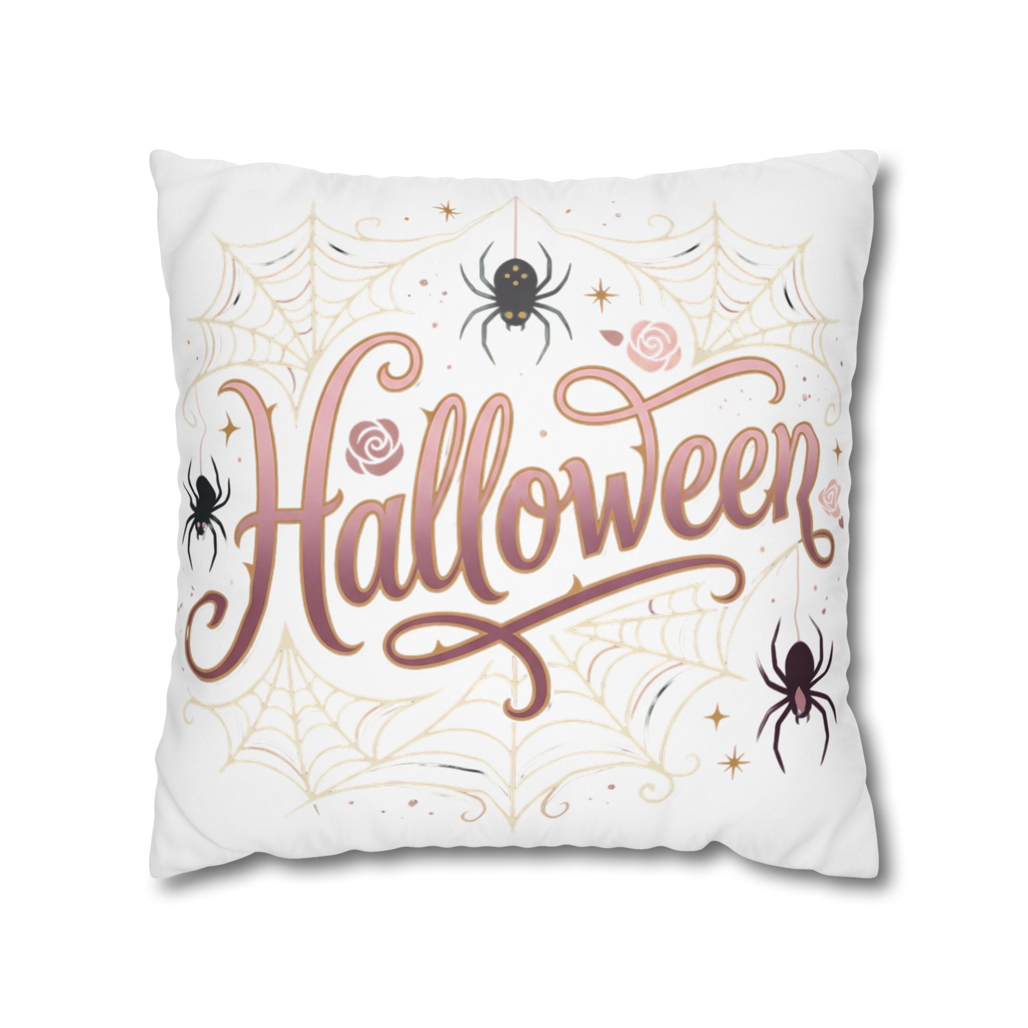 Halloween Decorative Pillowcase — Pink Script "Halloween" with Spiders & Webs