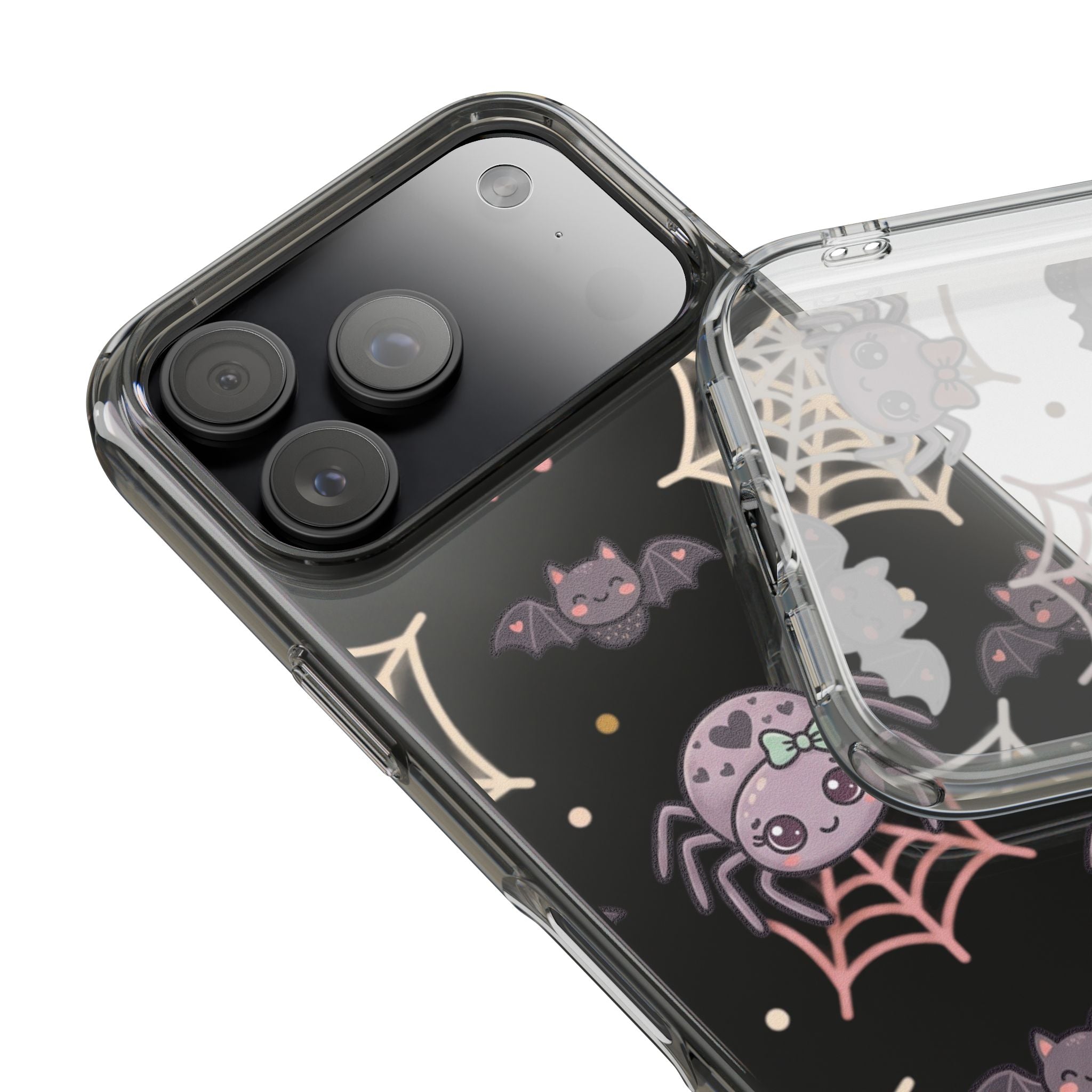 Cute Halloween Spider Clear Impact Phone Case — Kawaii Spider & Bat Halloween Design