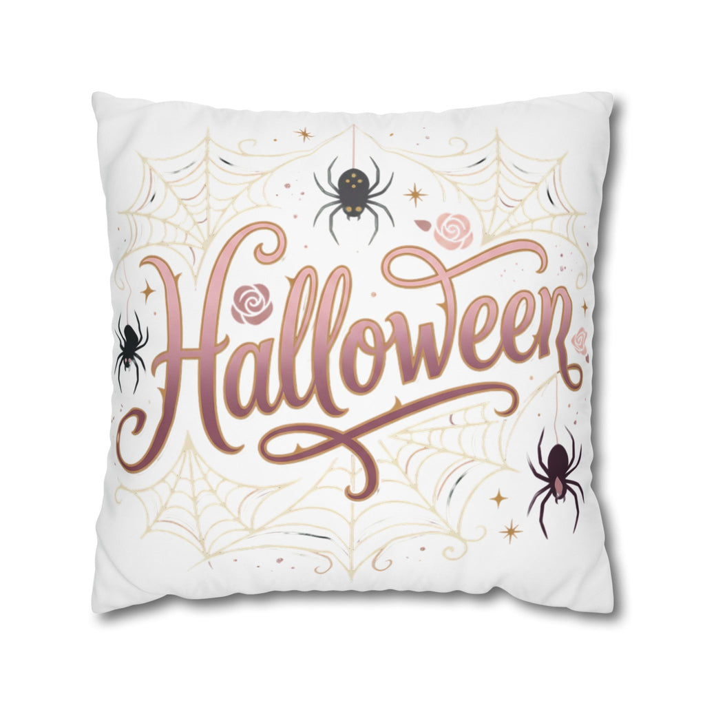 Halloween Decorative Pillowcase — Pink Script "Halloween" with Spiders & Webs