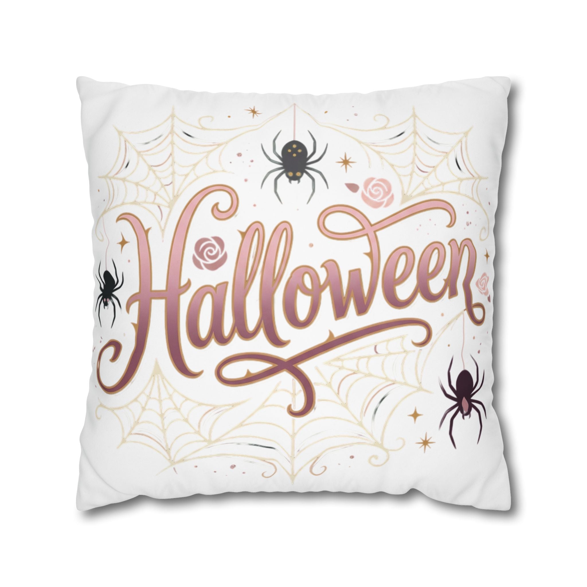 Halloween Decorative Pillowcase — Pink Script "Halloween" with Spiders & Webs