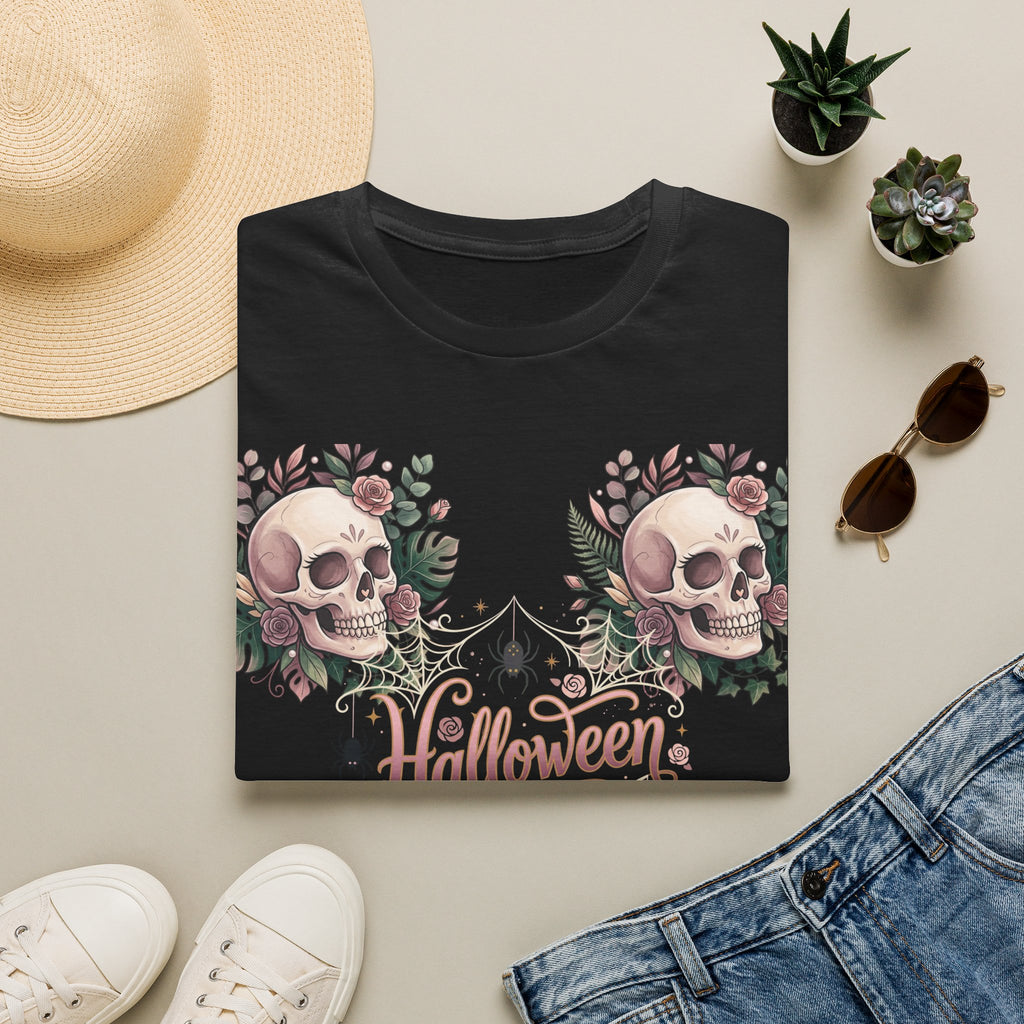 Halloween Skull Floral T-Shirt — Retro Script "Halloween" Tee