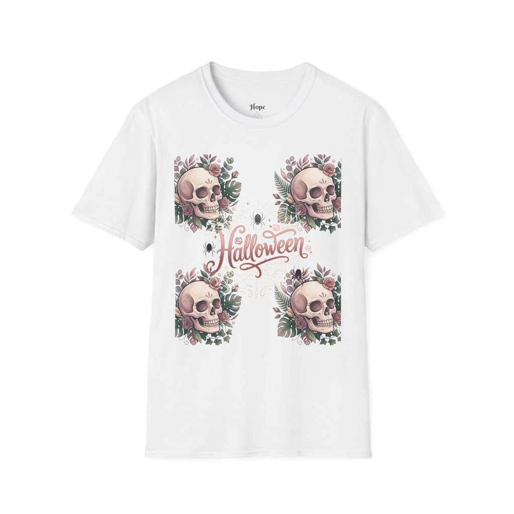 Halloween Skull Floral T-Shirt — Retro Script "Halloween" Tee