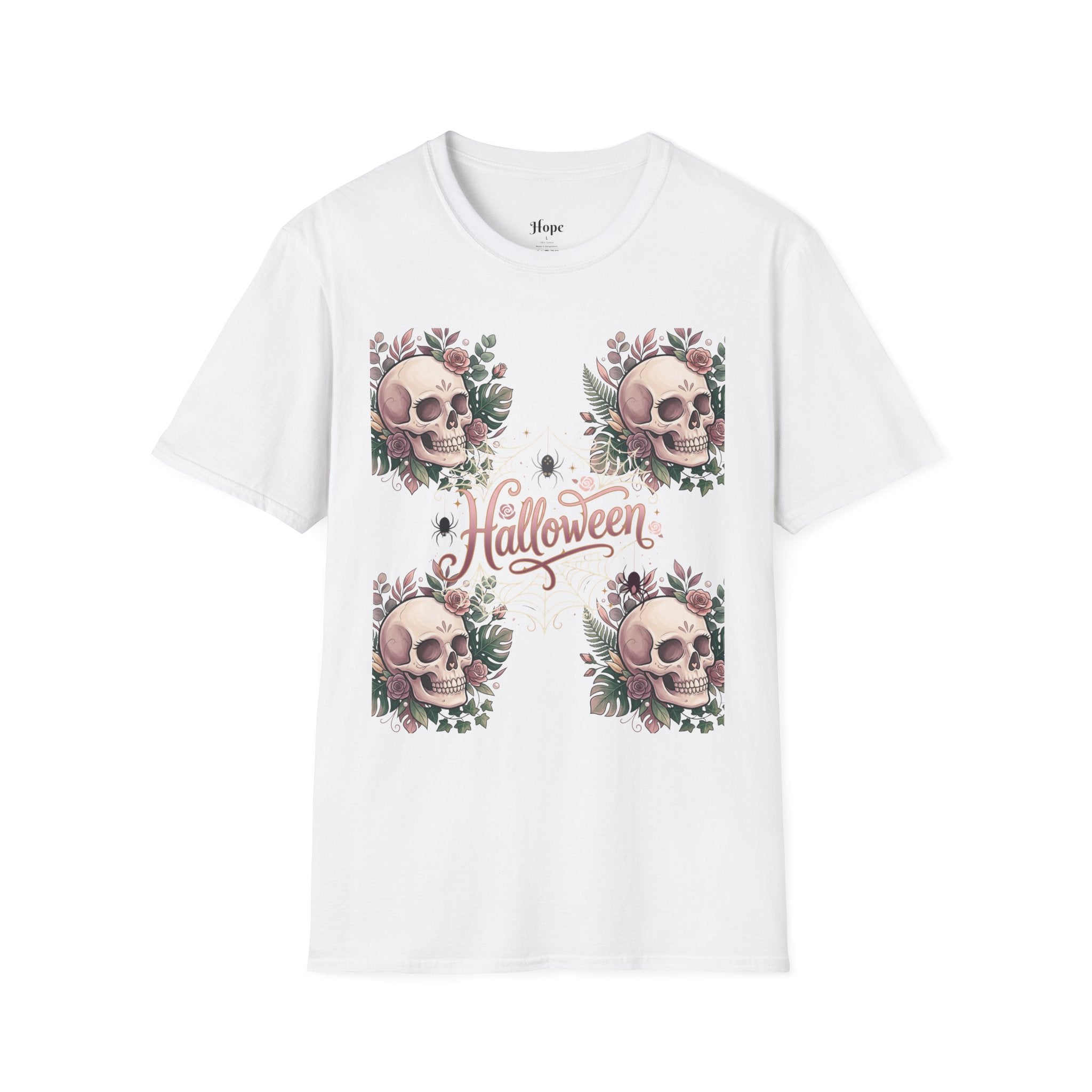 Halloween Skull Floral T-Shirt — Retro Script "Halloween" Tee