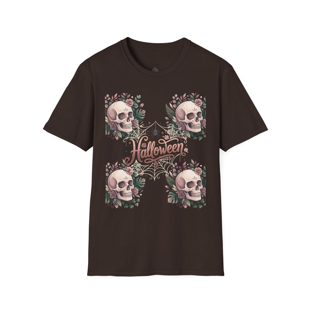 Halloween Skull Floral T-Shirt — Retro Script "Halloween" Tee