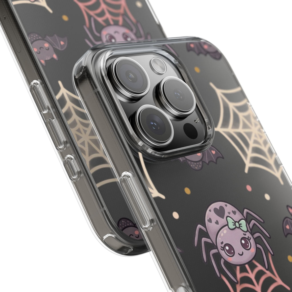Cute Halloween Spider Clear Impact Phone Case — Kawaii Spider & Bat Halloween Design