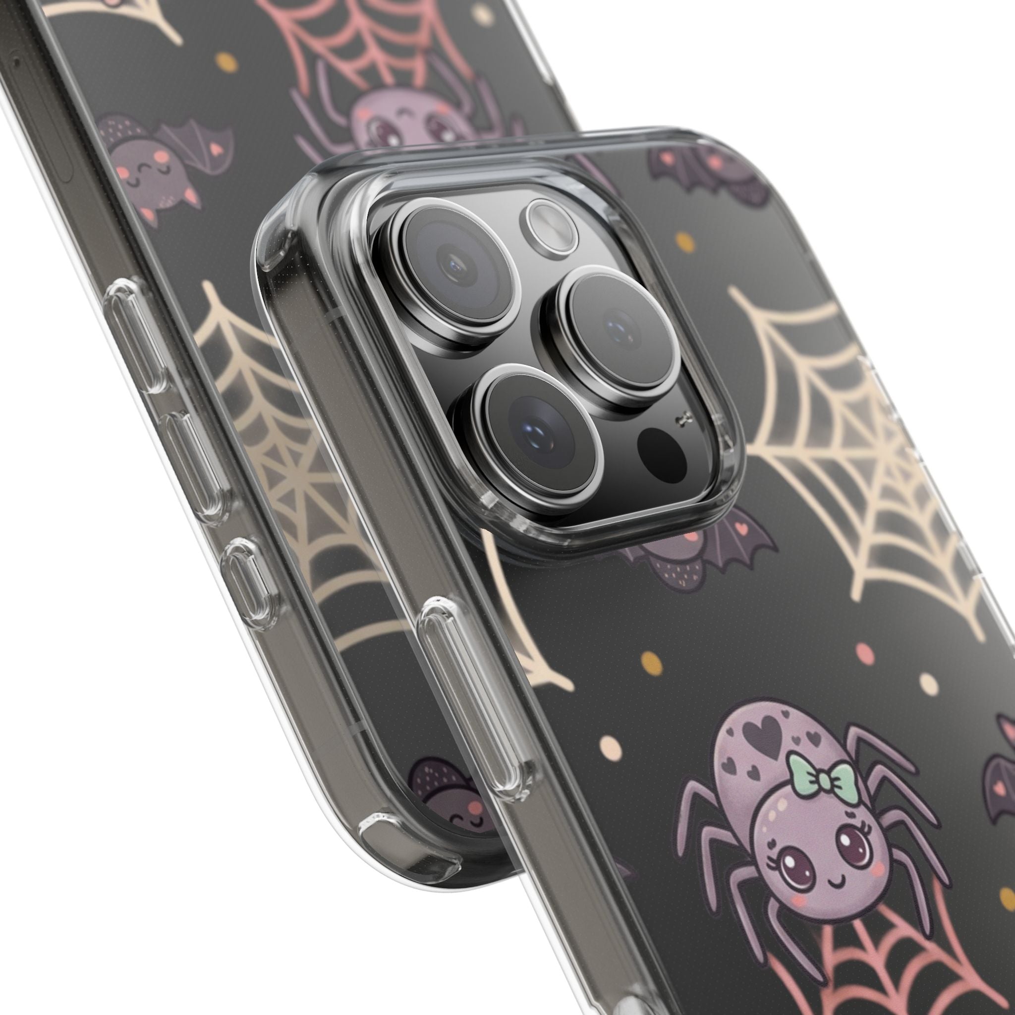 Cute Halloween Spider Clear Impact Phone Case — Kawaii Spider & Bat Halloween Design