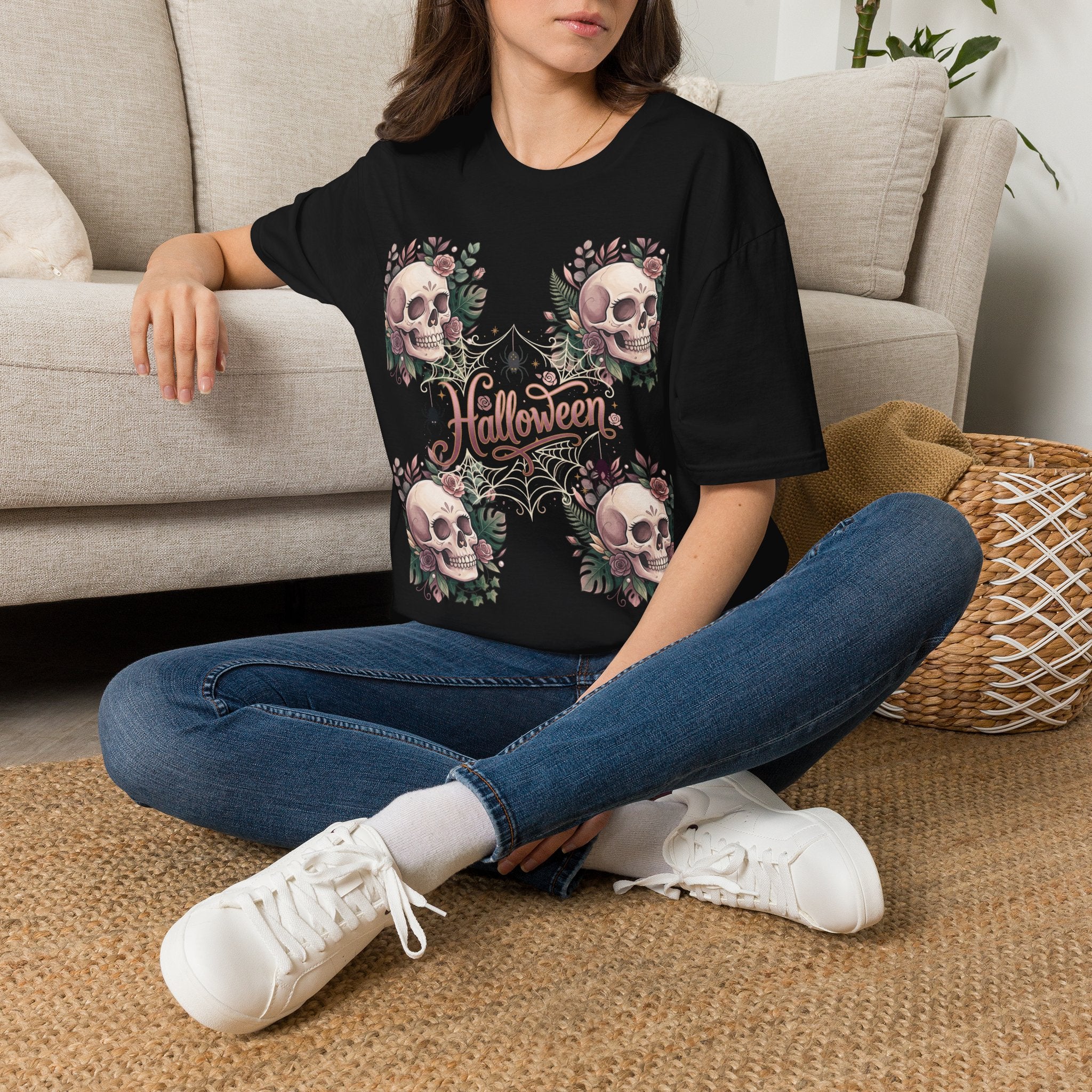 Halloween Skull Floral T-Shirt — Retro Script "Halloween" Tee