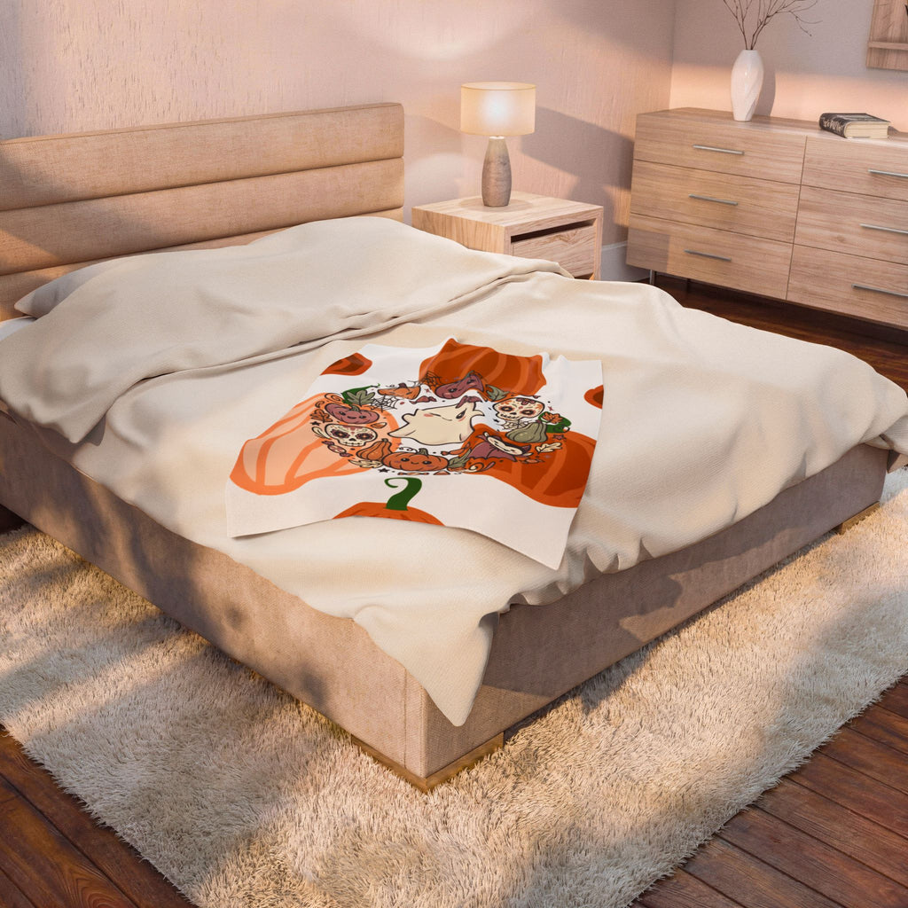 Halloween Ghost Plush Blanket — Cute Pumpkin & Sugar Skull Fall Throw